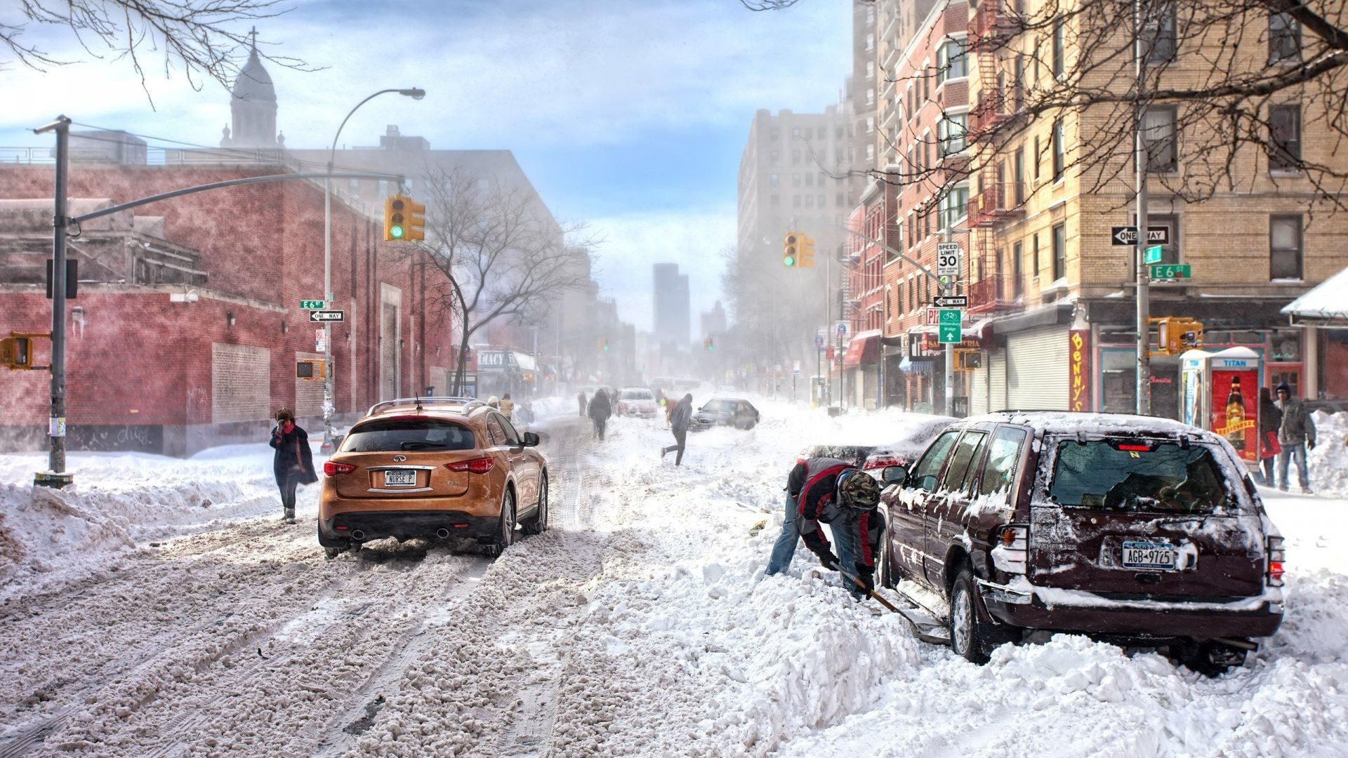 red, suv, york, new, shoveling, cars, street, snow, 1080P, nature and landscapes, city, winter, HD Wallpaper
