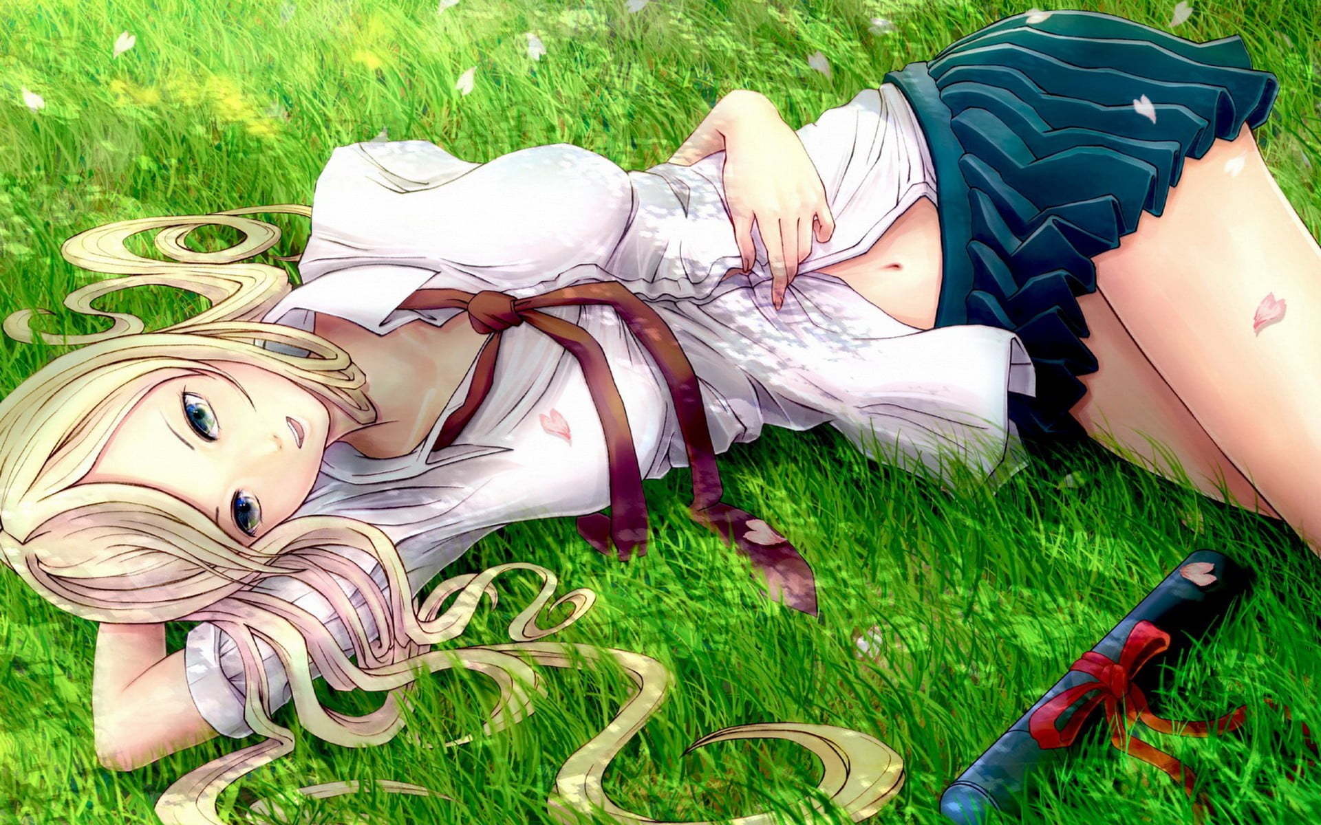 blonde, plant, real people, anime, day, young adult, female, relaxation, leisure activity, poster, grass, 1080P, ground, outdoors, young women, women, HD Wallpaper