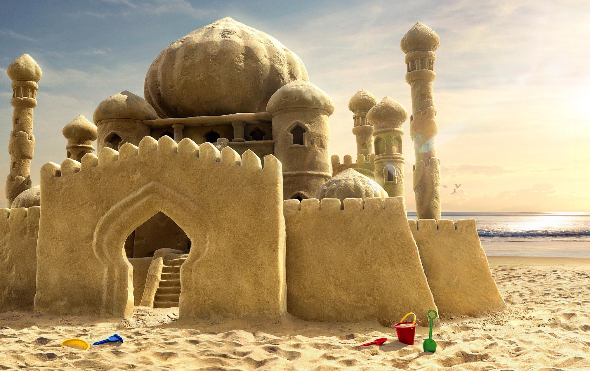 cute, 3d and abstract, shovel, taj mahal, s, castles, beach, sand, buckets, 1080P, castle, HD Wallpaper