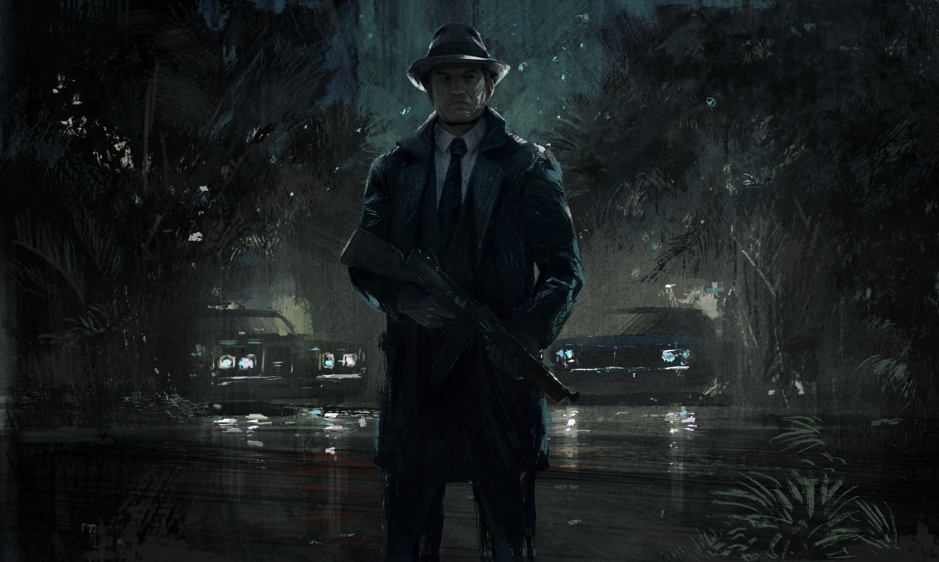 tree, clothing, one person, city, rain, architecture, weapon, Mafia III, representation, holding, human representation, adult, three quarter length, Mafia, HD Wallpaper