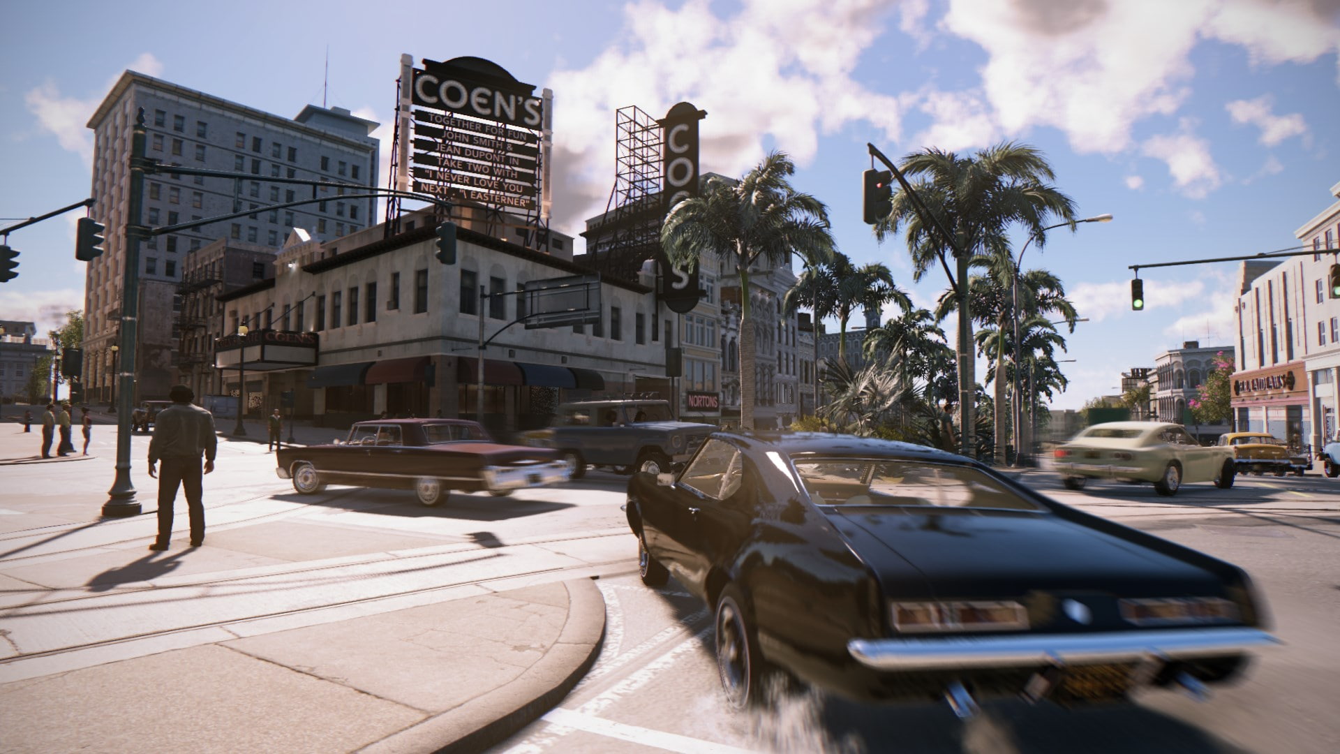 motor vehicle, car, 1080P, cloud - sky, street, architecture, tree, tropical climate, road, nature, building exterior, mafia iii, palm tree, outdoors, HD Wallpaper