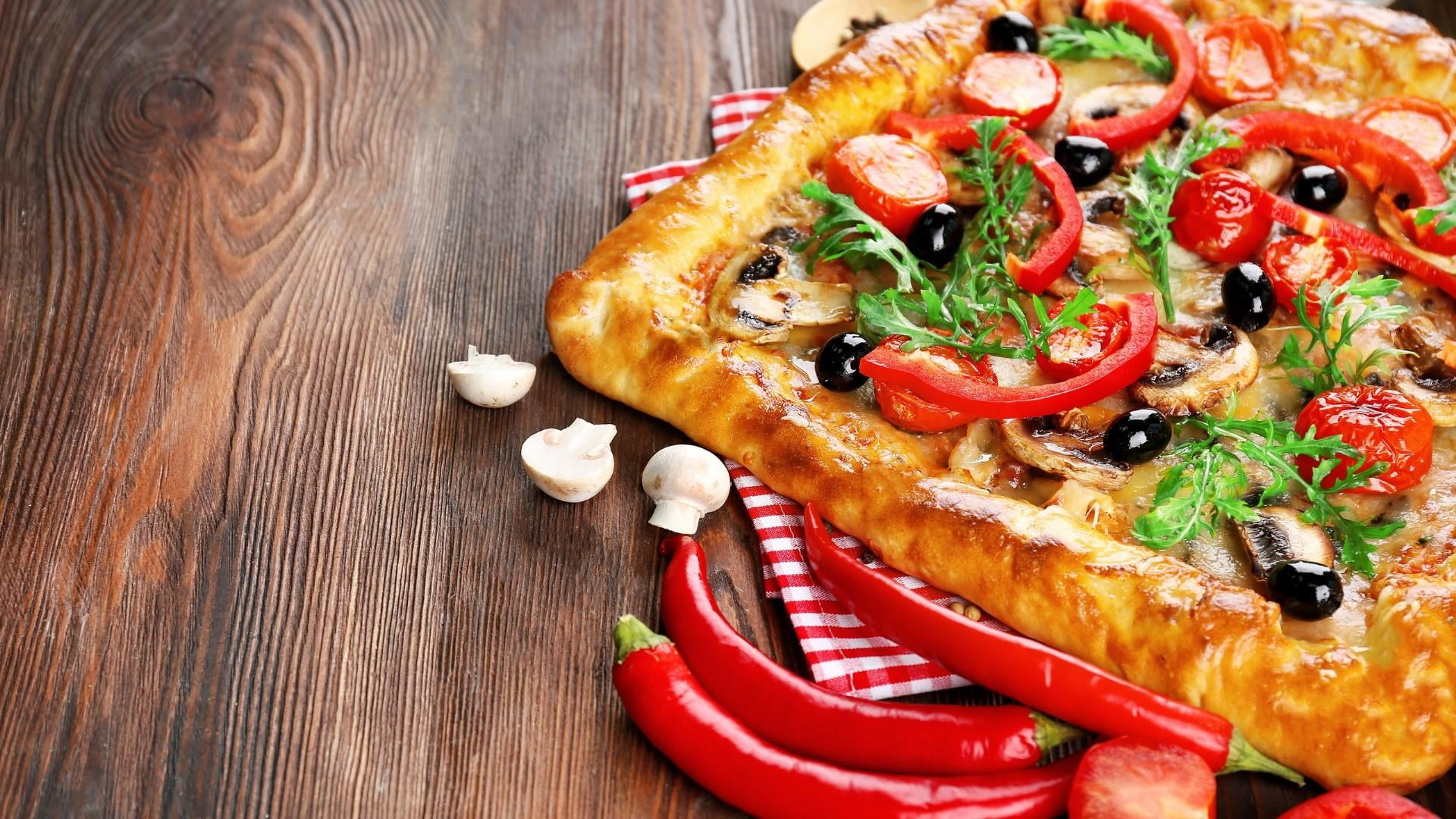 chili pepper, food and drink, pizza, red, close-up, healthy eating, dish, mushroom, high angle view, temptation, vegetable, pepper, food, 1080P, directly above, HD Wallpaper