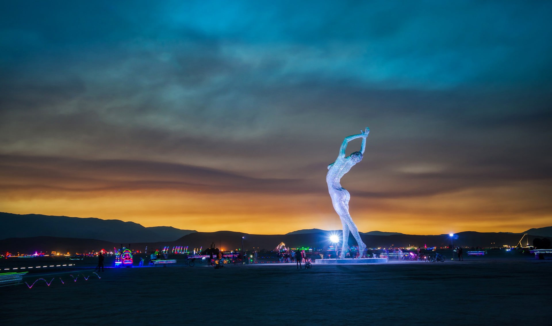 United States, burning, illustration, states, art, man, landmark, mountains, 1080P, united, Nevada, people, the lady dances, Sunset, Burning-Man, HD Wallpaper