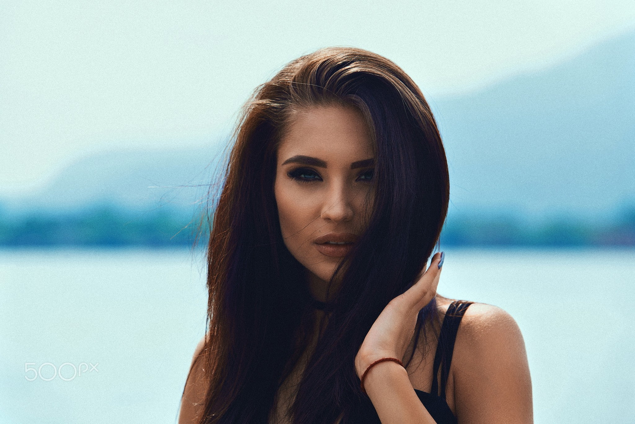 blue eyes, painted nails, Vladimir Cojarschi, depth of field, portrait, face, lake, women, 1080P, HD Wallpaper