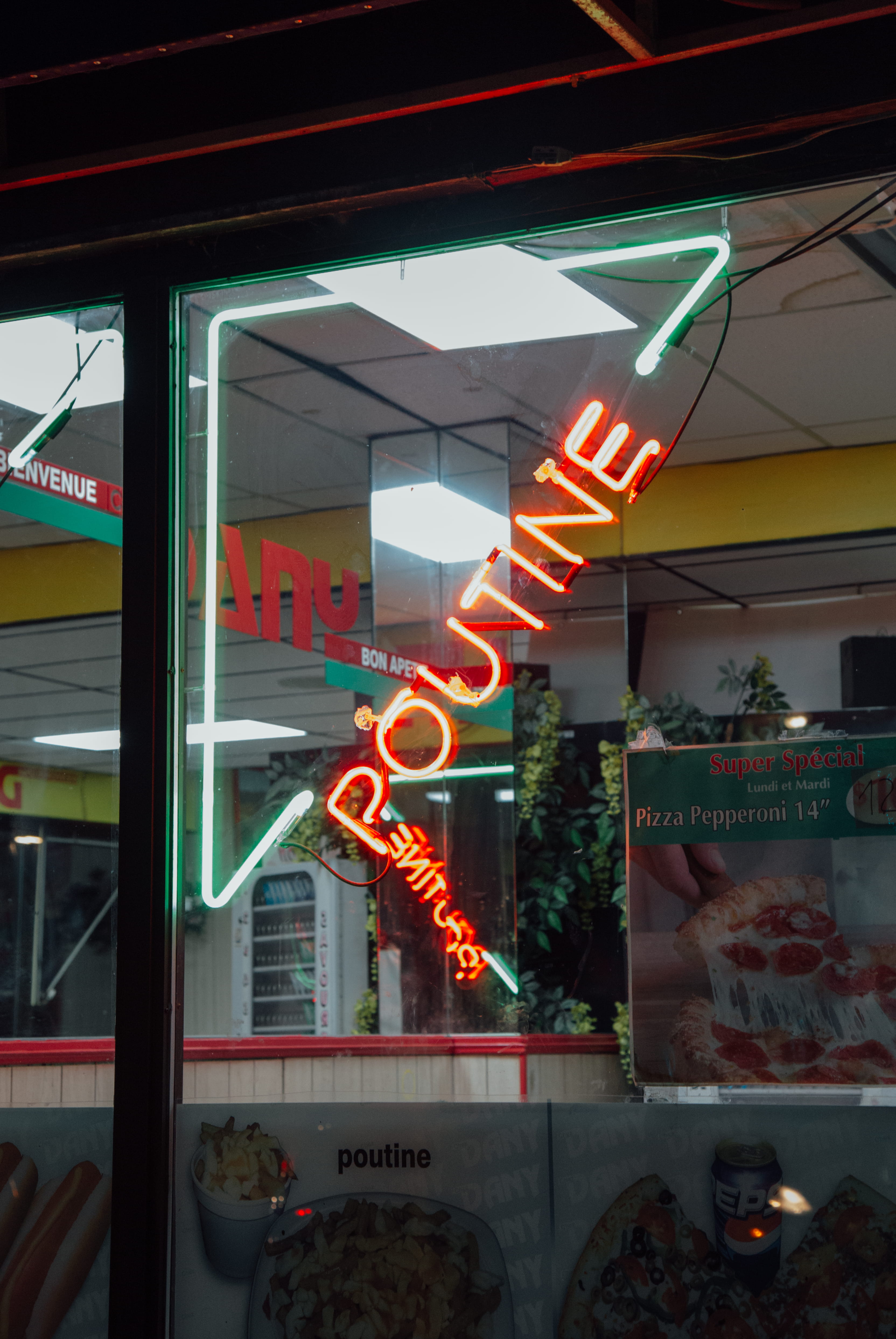 text, glass - material, signage, business, no people, sign, poutine, built structure, illuminated, glowing, outdoors, architecture, transparent, green, Phone HD Wallpaper