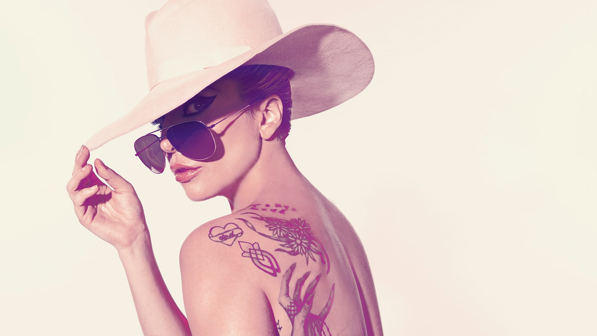 Lady GaGa, Mary Ellen Matthews, singer, back, photoshoot, the sun, 1080P, hat, makeup, background, hairstyle, SNL, tattoo, actress, glasses, HD Wallpaper