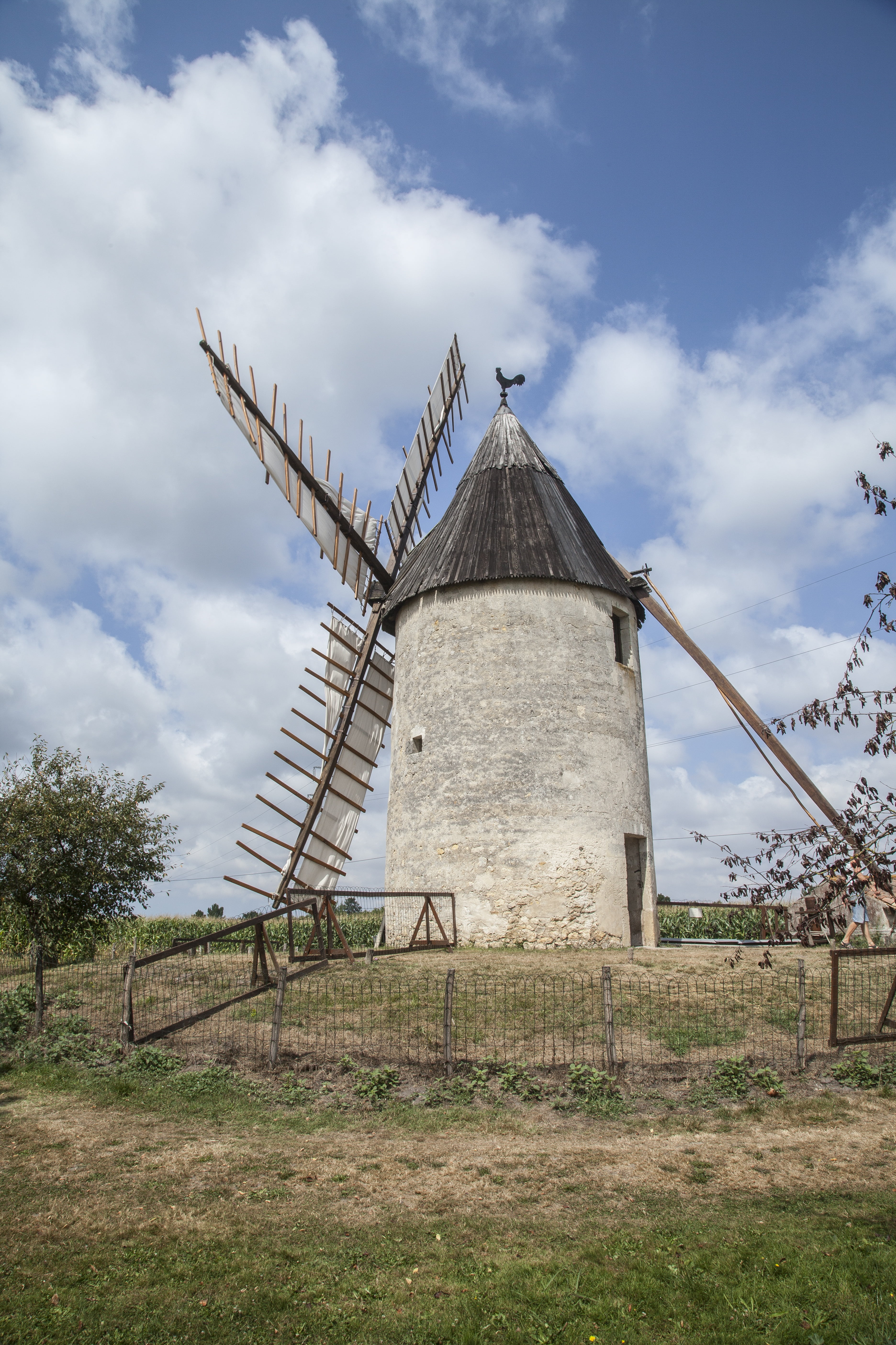 wind mill, land, outdoors, built structure, france, old village, day, tourist, wind turbine, 5K, clouds, tourism, alternative energy, saint-emilion, cloud - sky, Phone HD Wallpaper