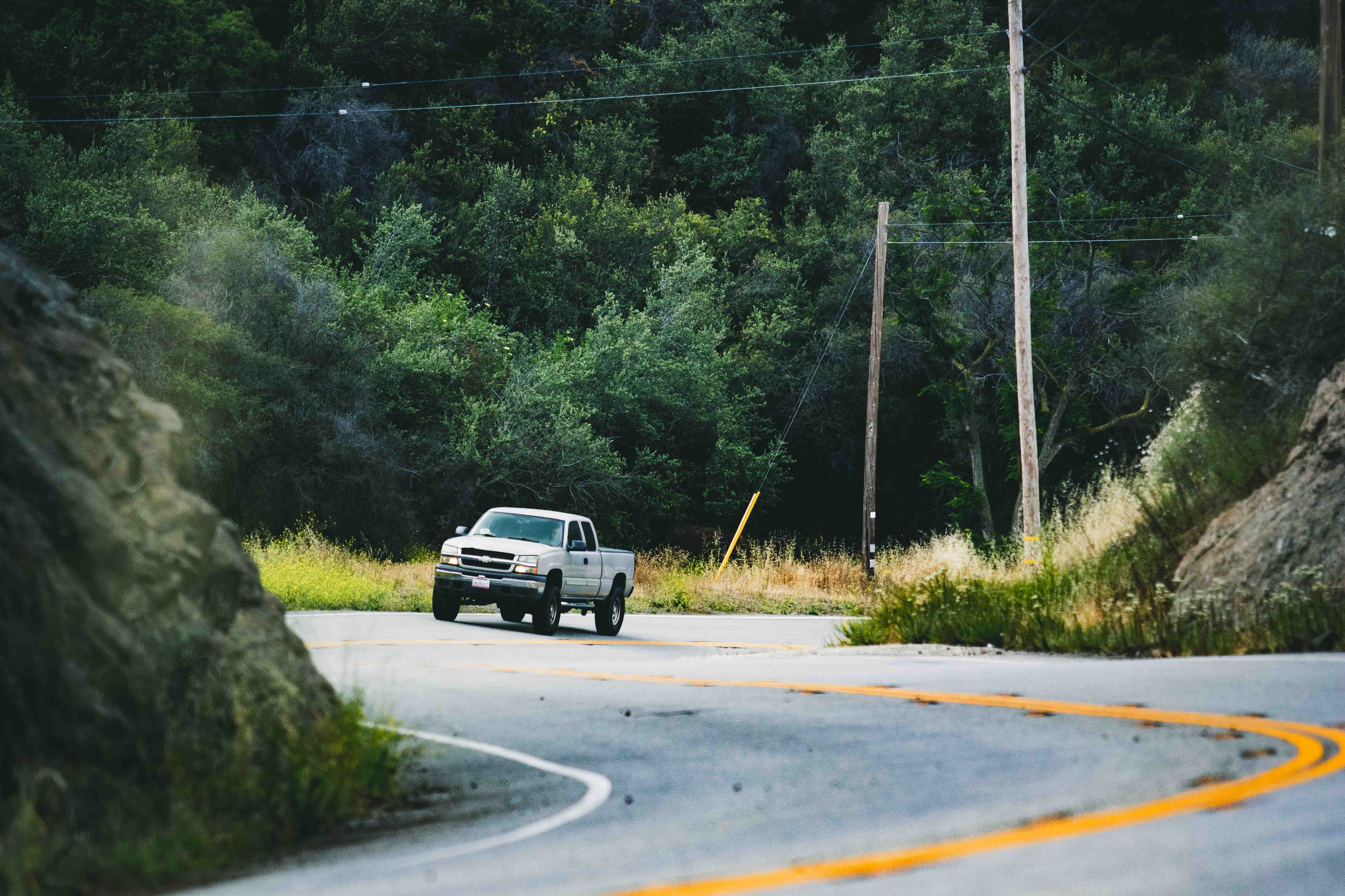 tree, beside, pickup, green color, 5K, growth, silver, daytime, outdoors, pole, hill, yellow line, rock, country and western, country, mode of transportation, HD Wallpaper