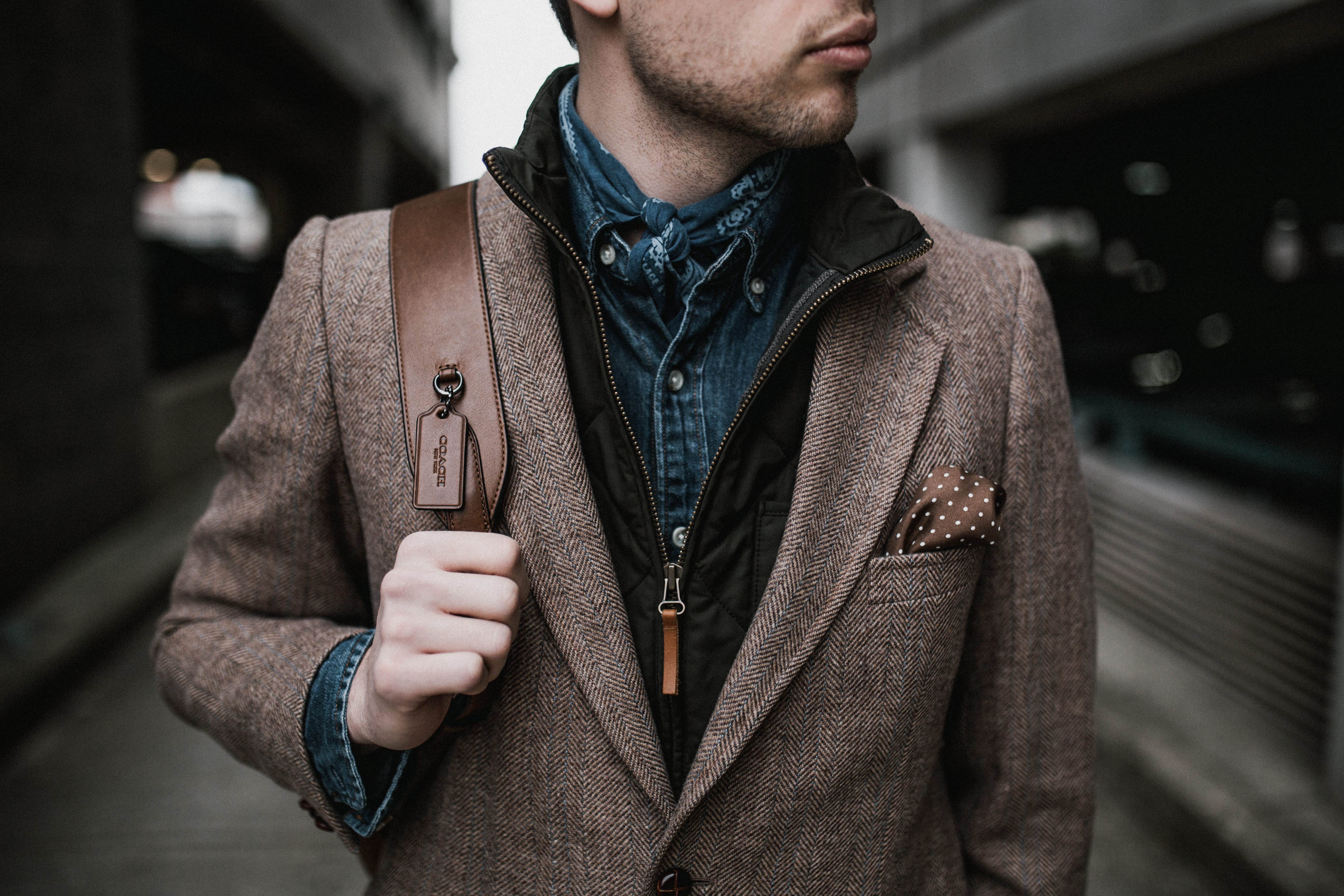 young men, midsection, one person, focus on foreground, standing, jacket, suit, denim, button, leather, strap, fashion, architecture, tag, gray, 5K, denim shirt, HD Wallpaper