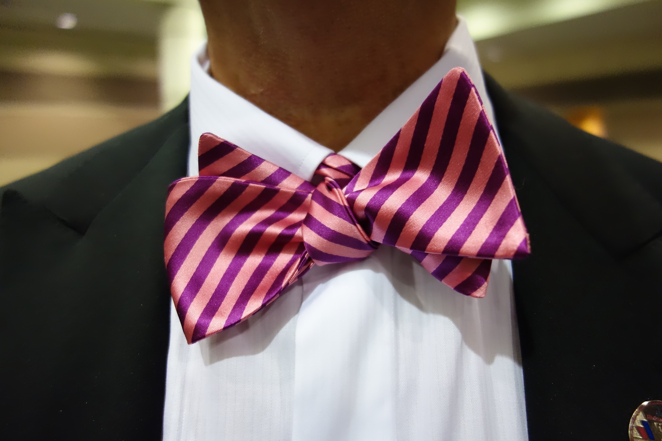 wearing, rear view, indoors, neckware, one person, button down shirt, striped, man, close, bow Tie, 2K, clothing, bow, necktie, pink, formalwear, menswear, HD Wallpaper