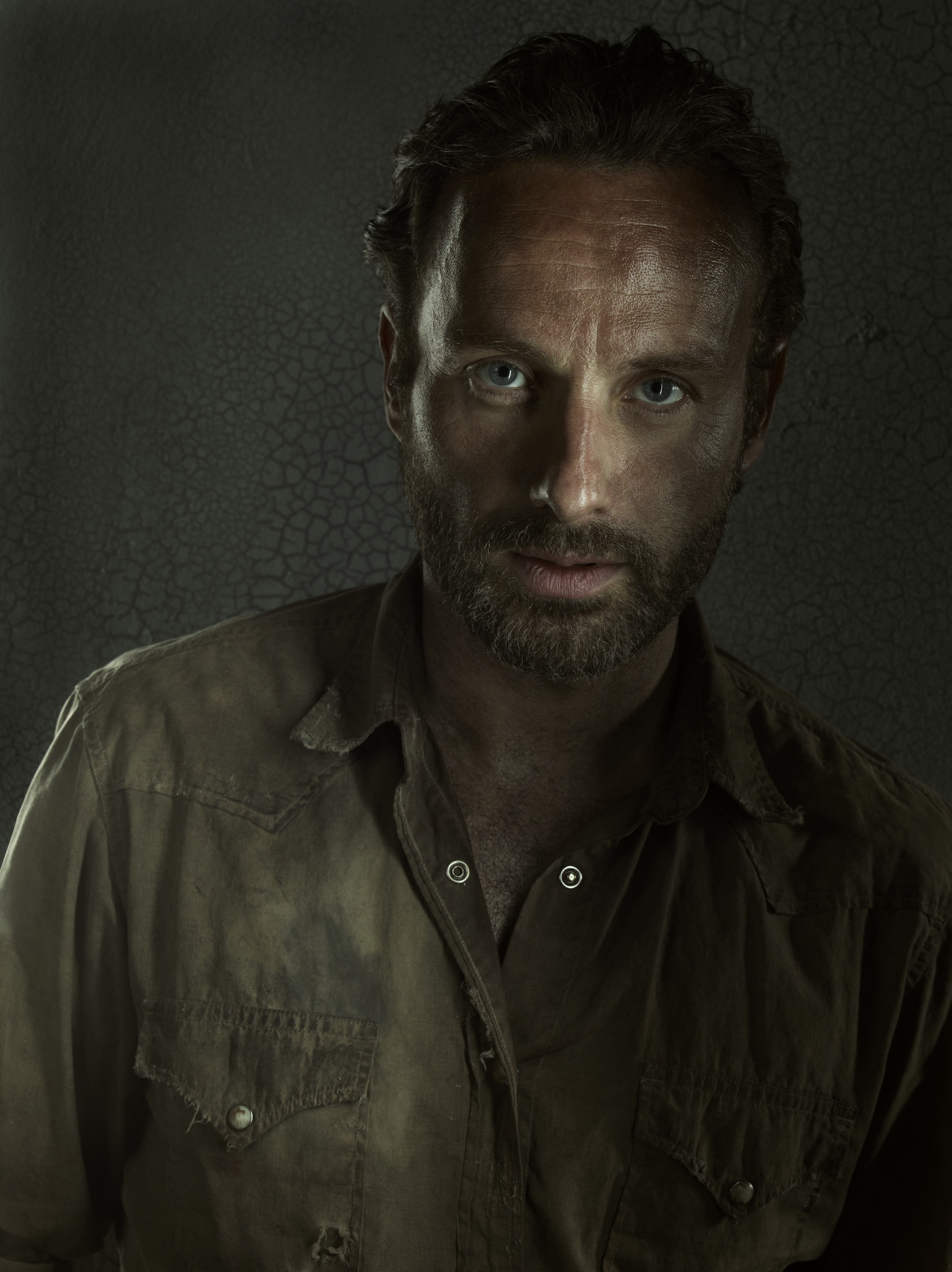 headshot, looking at camera, emotion, button down shirt, gray, one person, indoors, contemplation, Andrew Lincoln, black background, Rick Grimes, portrait, Phone HD Wallpaper