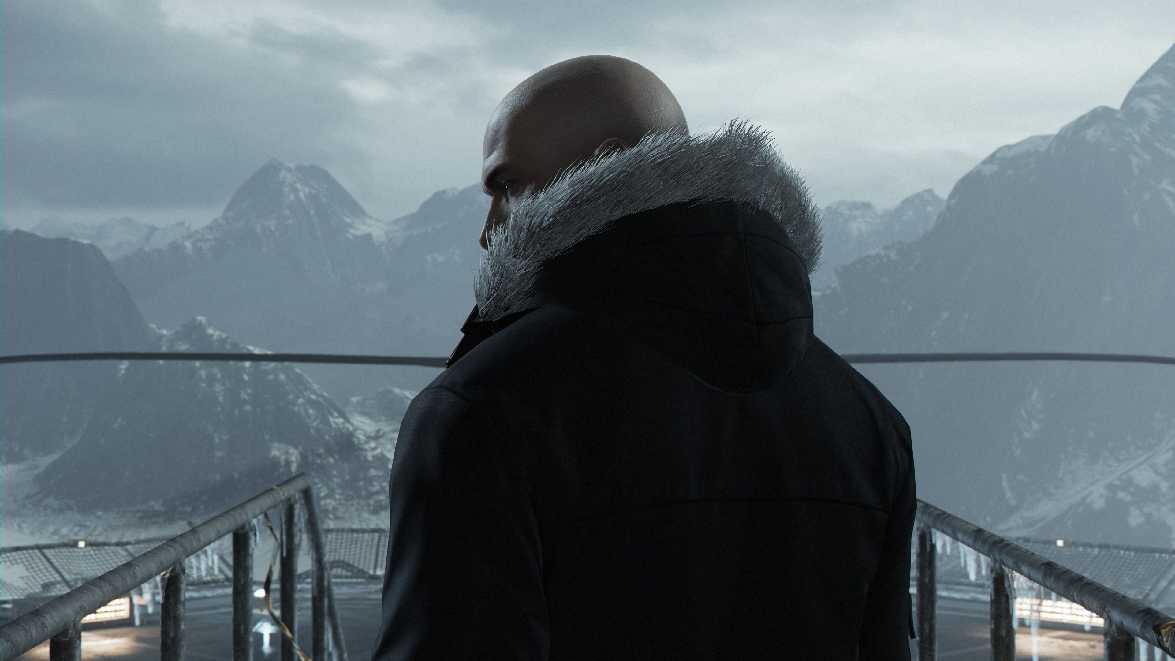 Windows, jacket, near, standing, Xbox One, Shooter, PlayStation 4, Hitman, agent 47, lined, black, 4K, mountains, hooded, man, fur, Best Games, HD Wallpaper