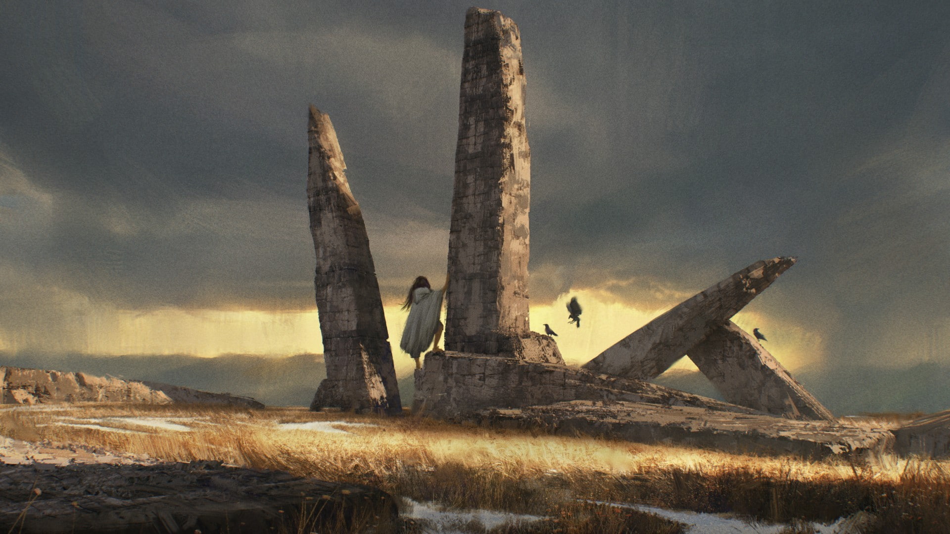 ruin, clouds, field, nature, Krist Miha, digital art, women, 1080P, fantasy art, birds, HD Wallpaper