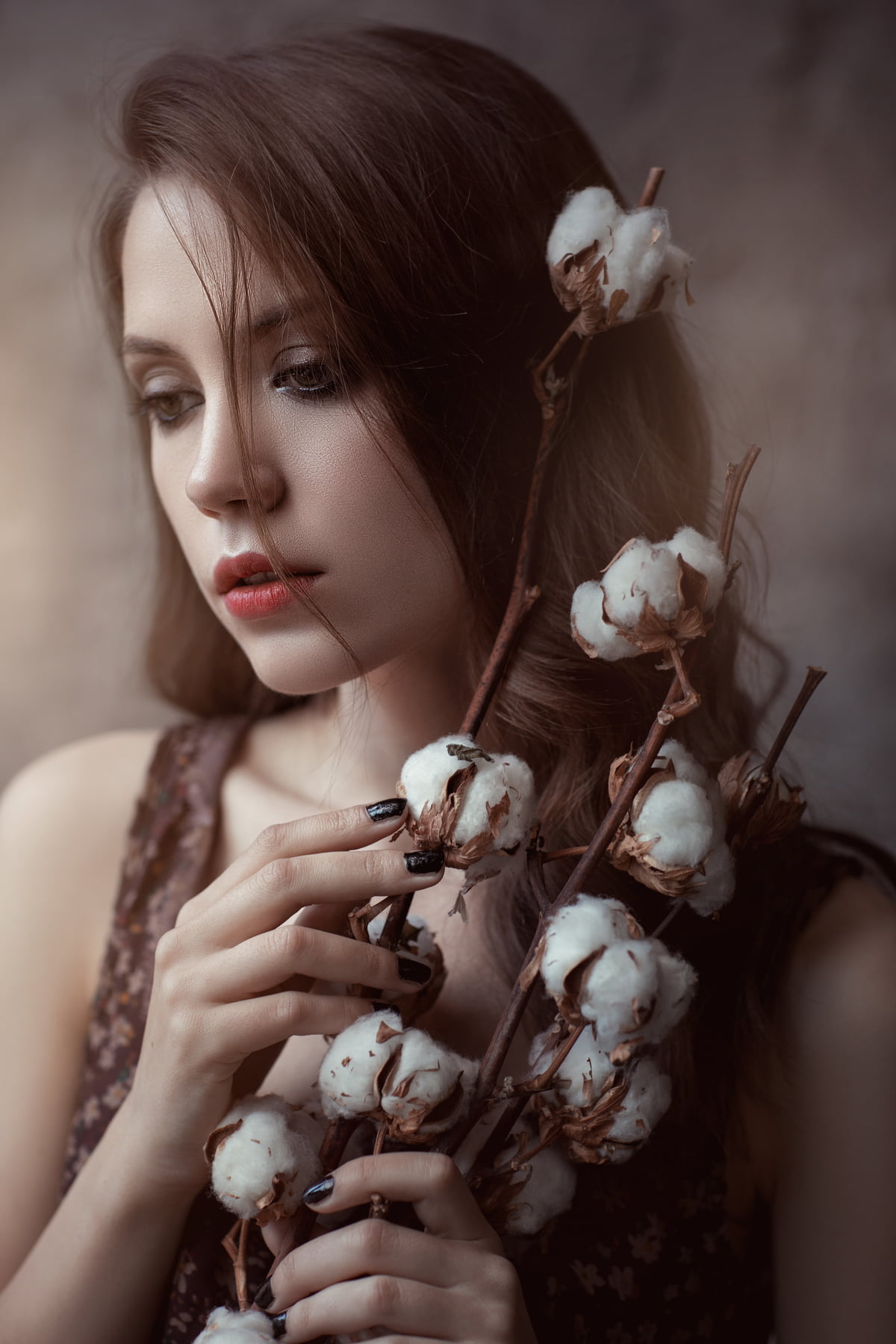 long hair, lipstick, straight hair, dress, 720P, eyeshadow, brunette, plants, makeup, looking below, Ksenia Kokoreva, portrait, women, cotton, brown clothing, Phone HD Wallpaper