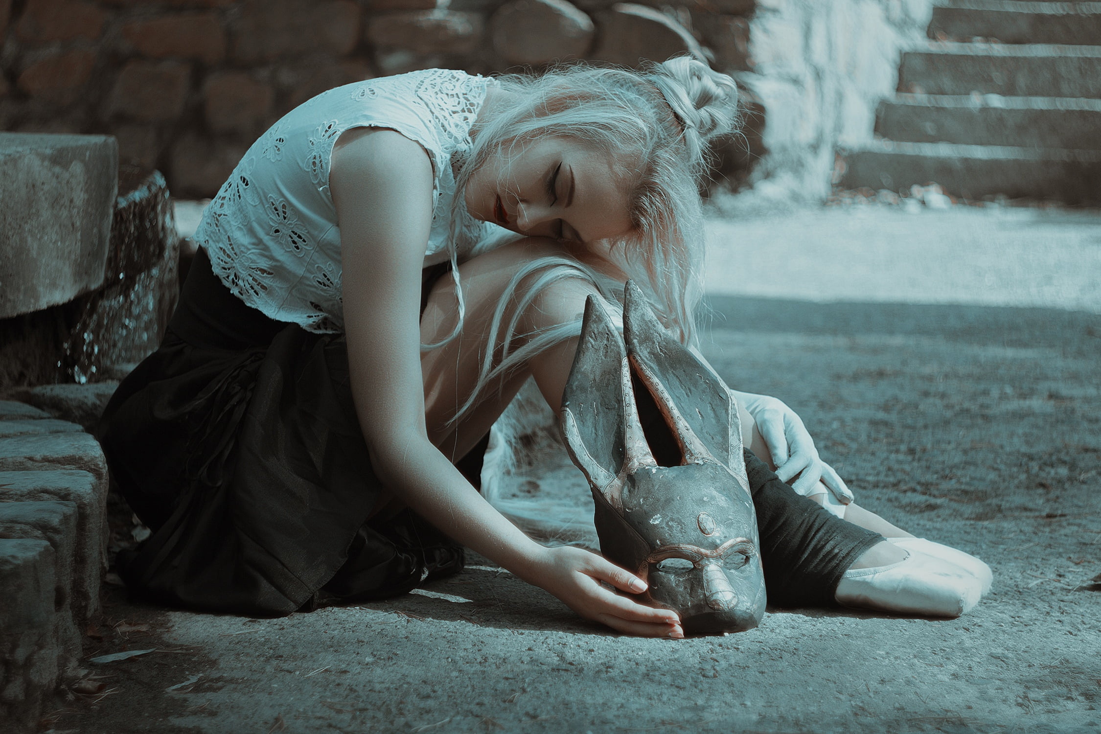 straight hair, bunny ears, blonde, long hair, mask, white gloves, lipstick, black skirts, sitting, women, gloves, painted nails, bricks, skirt, 1080P, HD Wallpaper