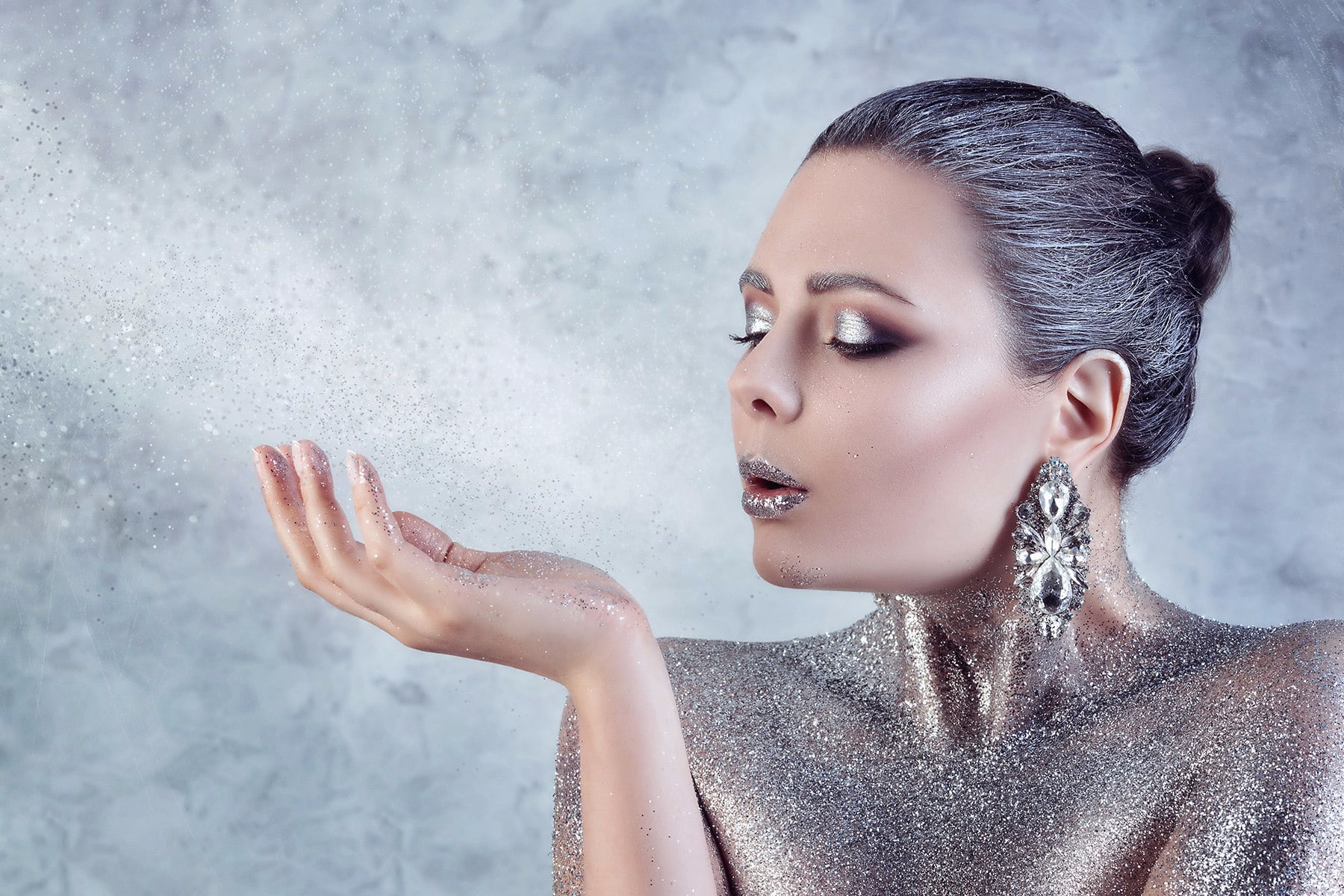 women, face paint, model, eyeshadow, 720P, makeup, grey, looking below, grey hair, glitter hair, young woman, blow, hairbun, glitter, earring, lipstick, HD Wallpaper