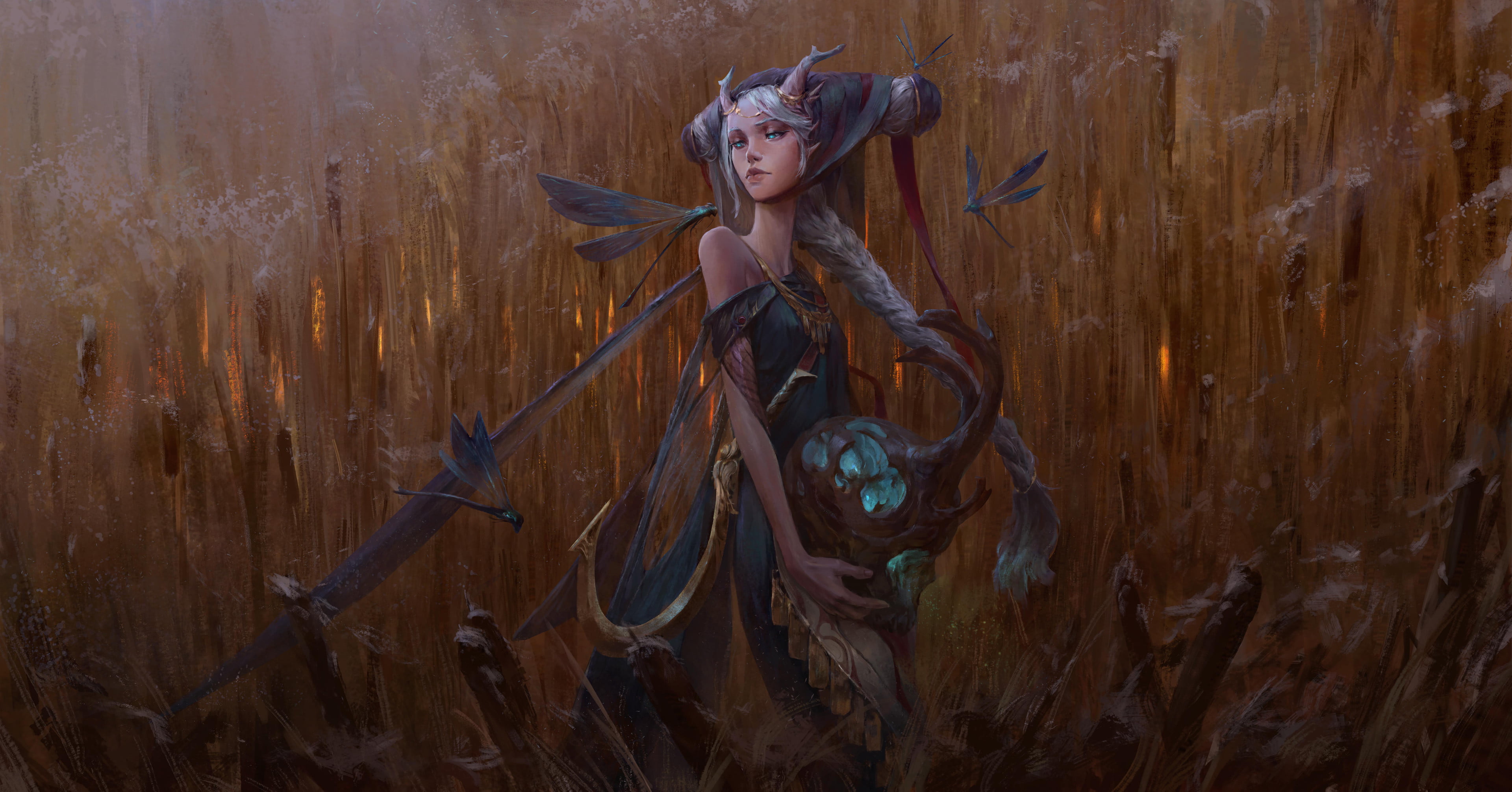 horns, looking below, long hair, artwork, fantasy art, insect, blue eyes, dragonflies, 4K, digital art, painting, fantasy girl, character design, wings, HD Wallpaper