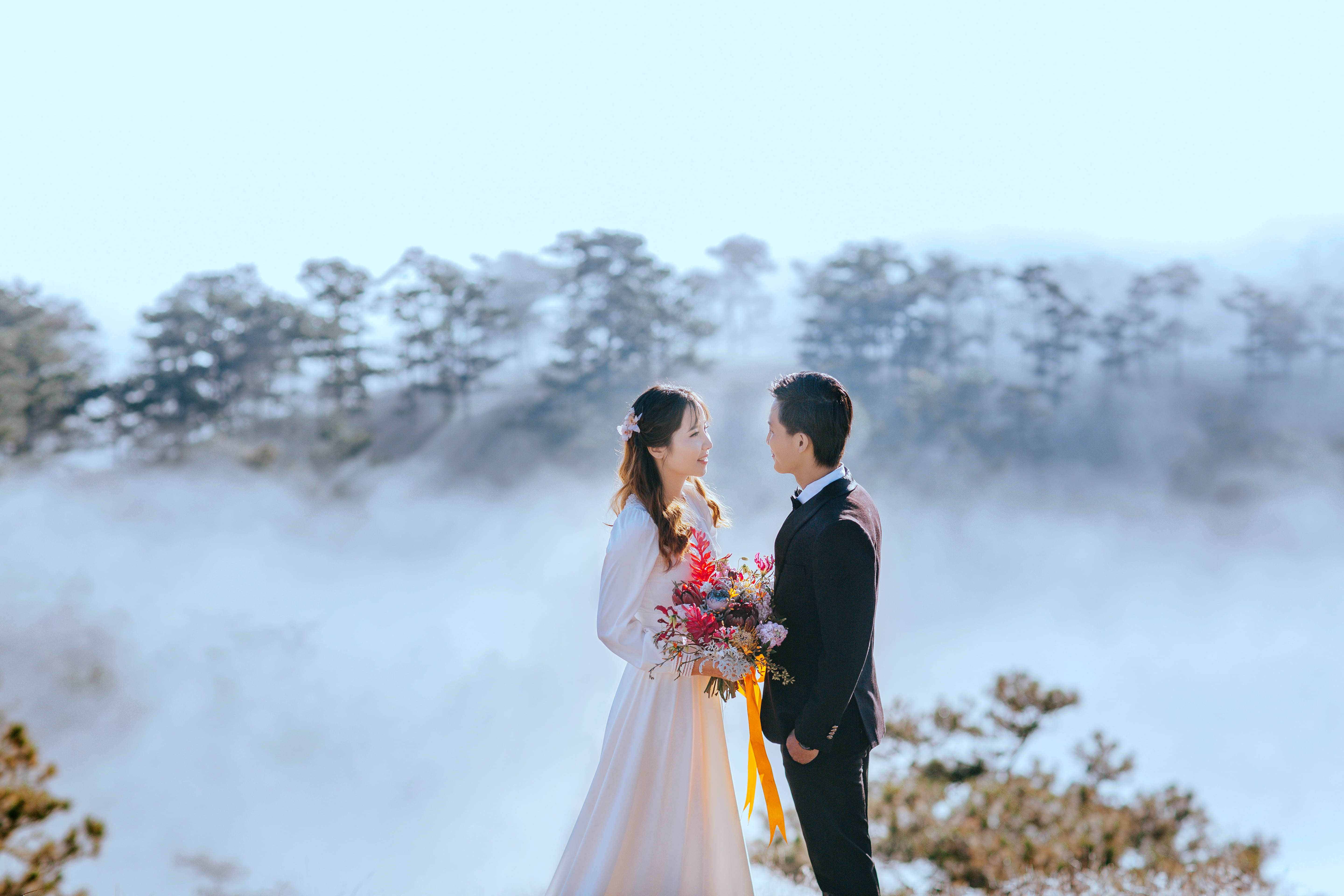 celebration, photo, nature, people, seaclouds, angle, holding hands, bonding, white dress, landscape, elegant, adult, married, flower arrangement, wedding bouquet, HD Wallpaper
