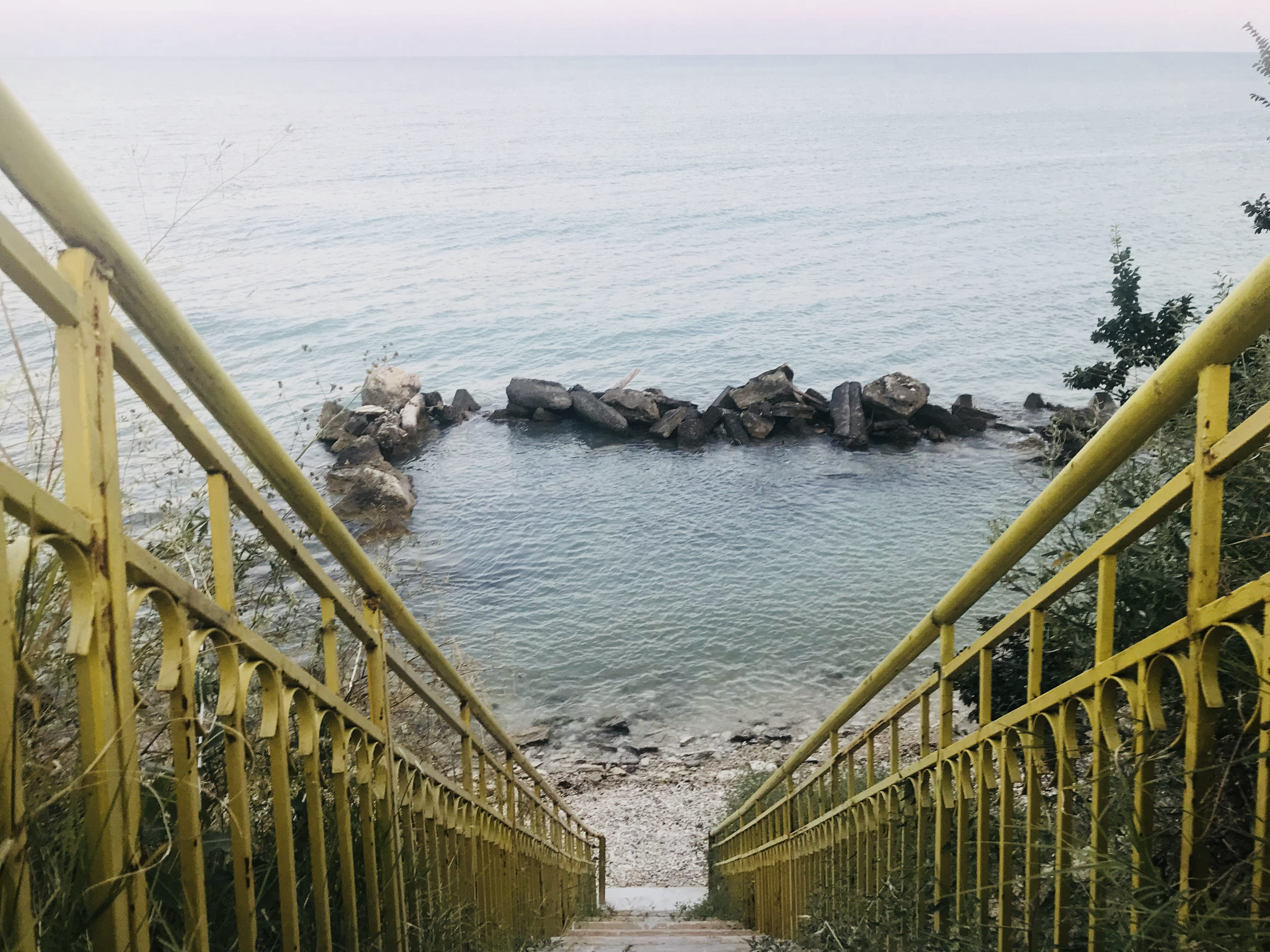 beach, 4K, horizon over water, downstairs, rocks, beauty in nature, railing, scenics - nature, outdoors, sea, water, varna, tranquility, rock, plant, architecture, HD Wallpaper