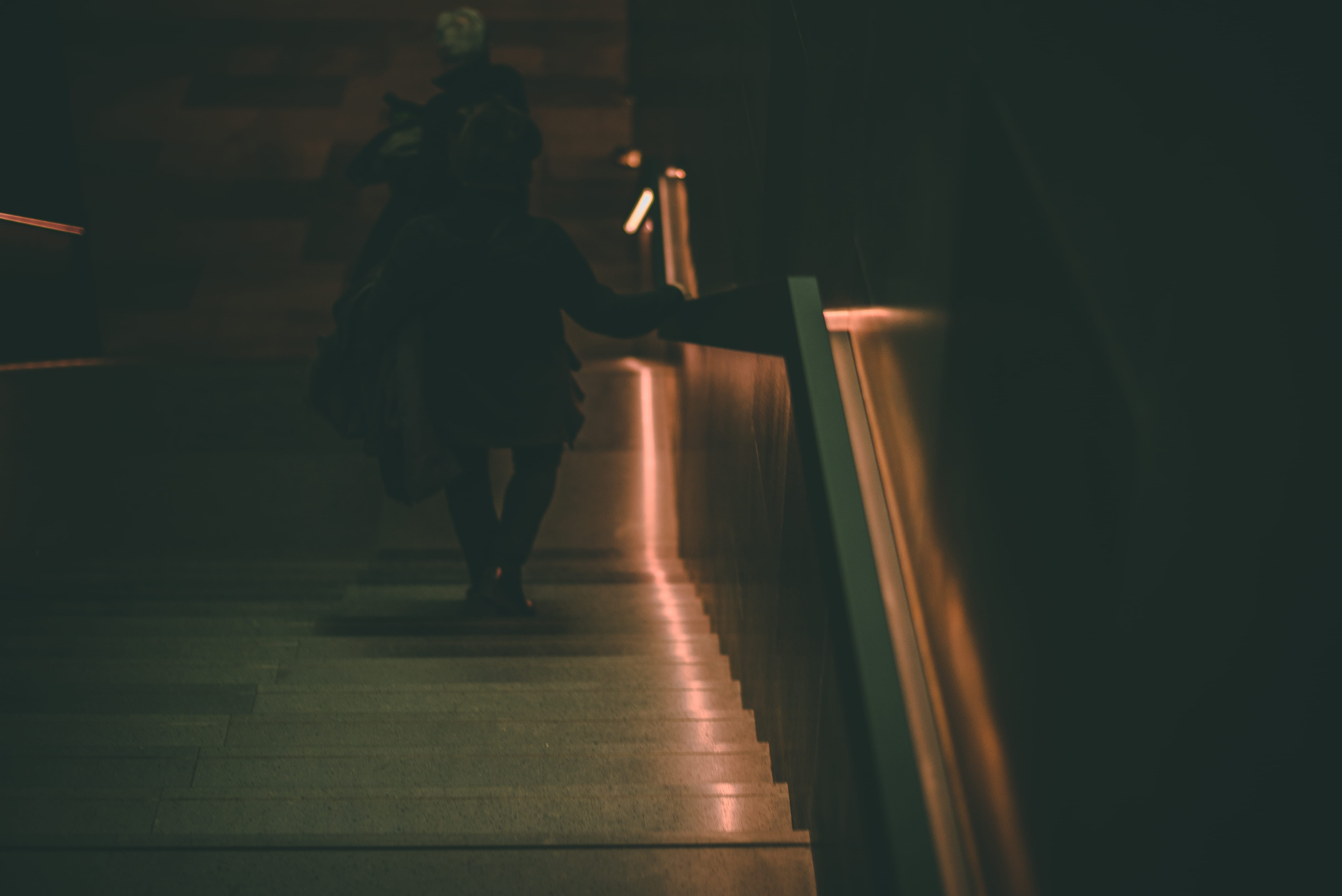 women, architecture, rear view, leisure activity, real people, silhouette, direction, building, stairs, night, 5K, low, one person, light, full length, HD Wallpaper