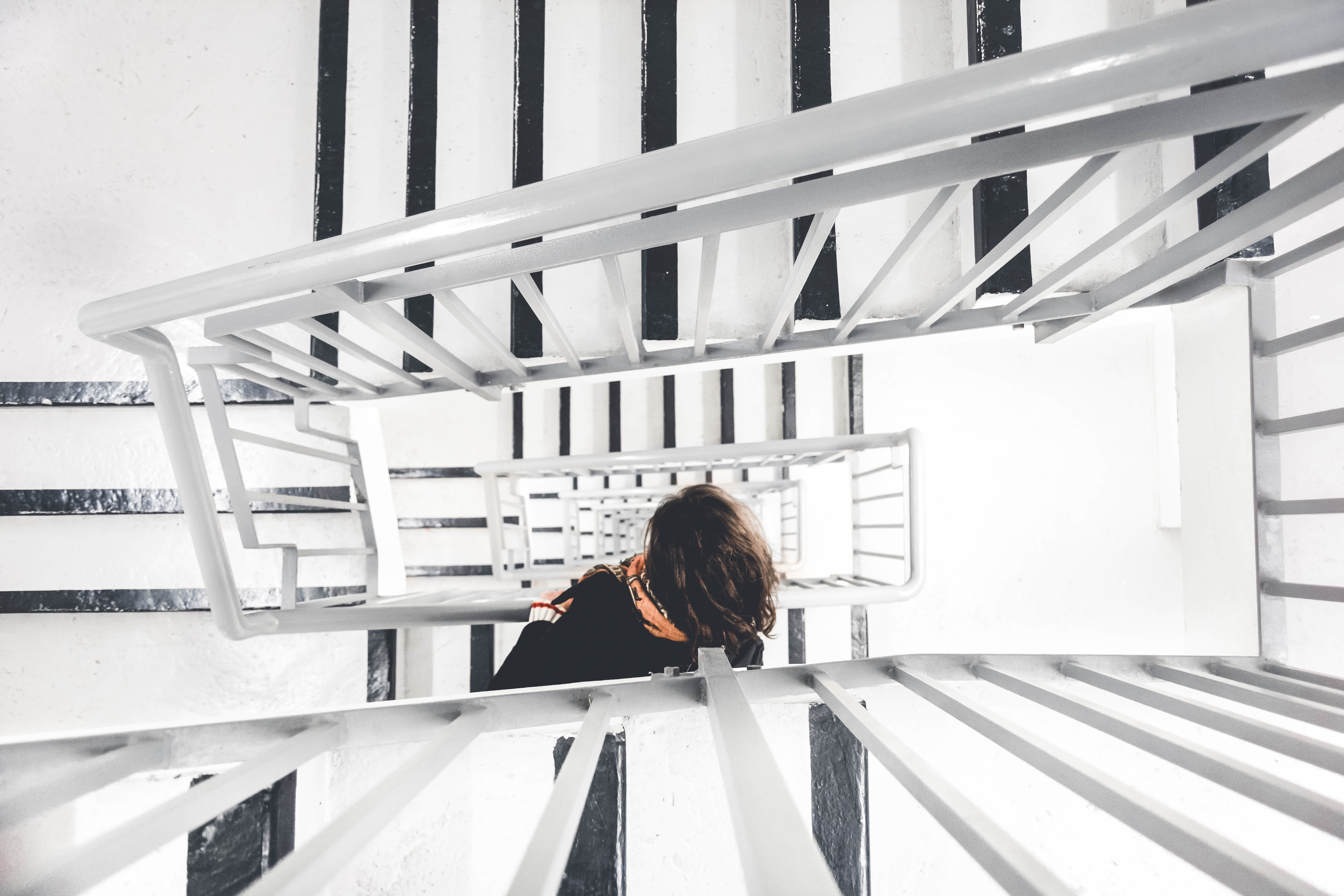 downstairs, women, young women, stair, wood - material, casual clothing, rear view, headshot, interior, outdoors, handrail, real people, staircase, stairs, HD Wallpaper