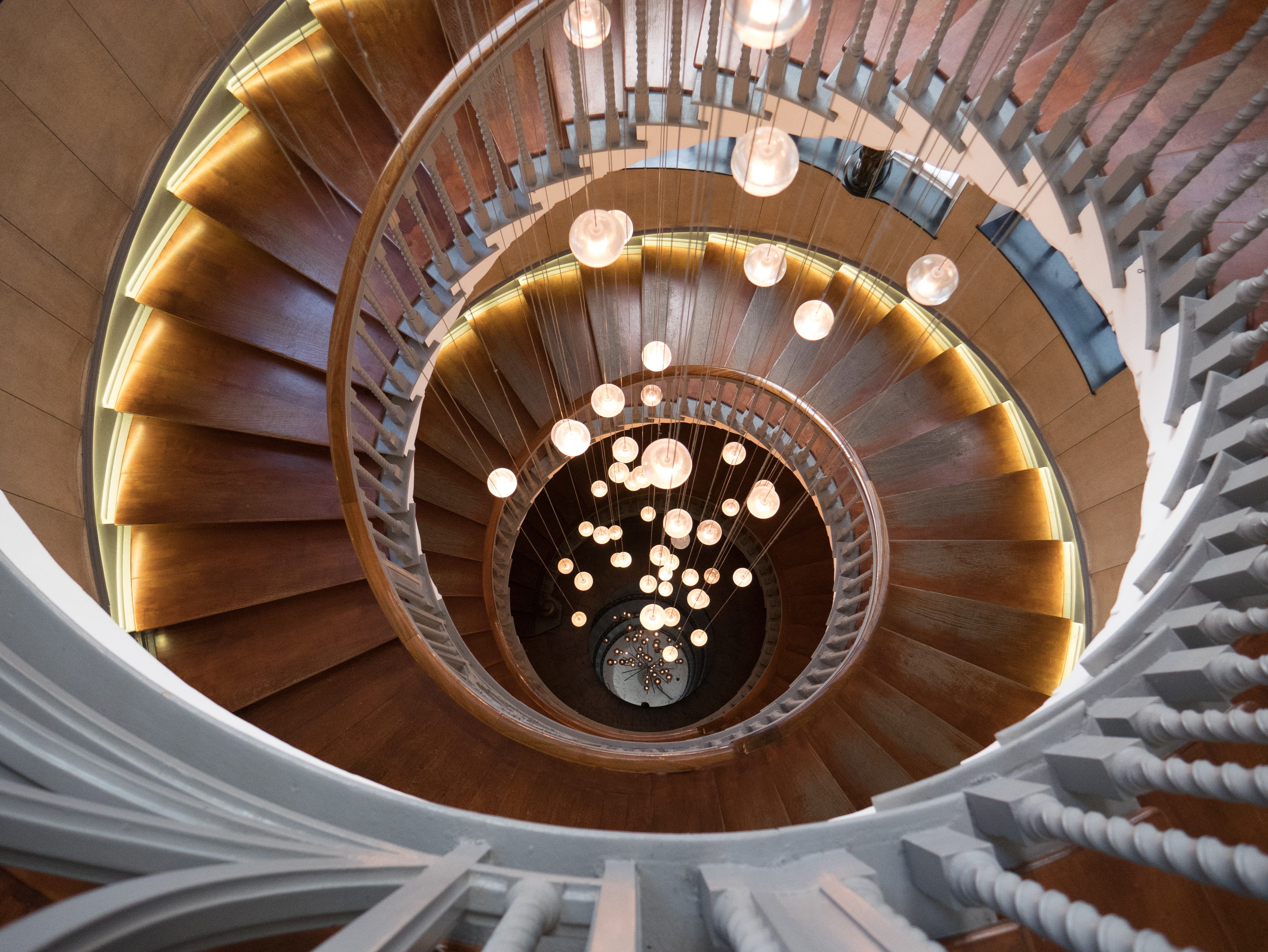 day, down, structure, built structure, interior design, rise, directly below, diminishing perspective, indoors, 4K, pattern, gloomy, spiral, ornate, staircase, HD Wallpaper