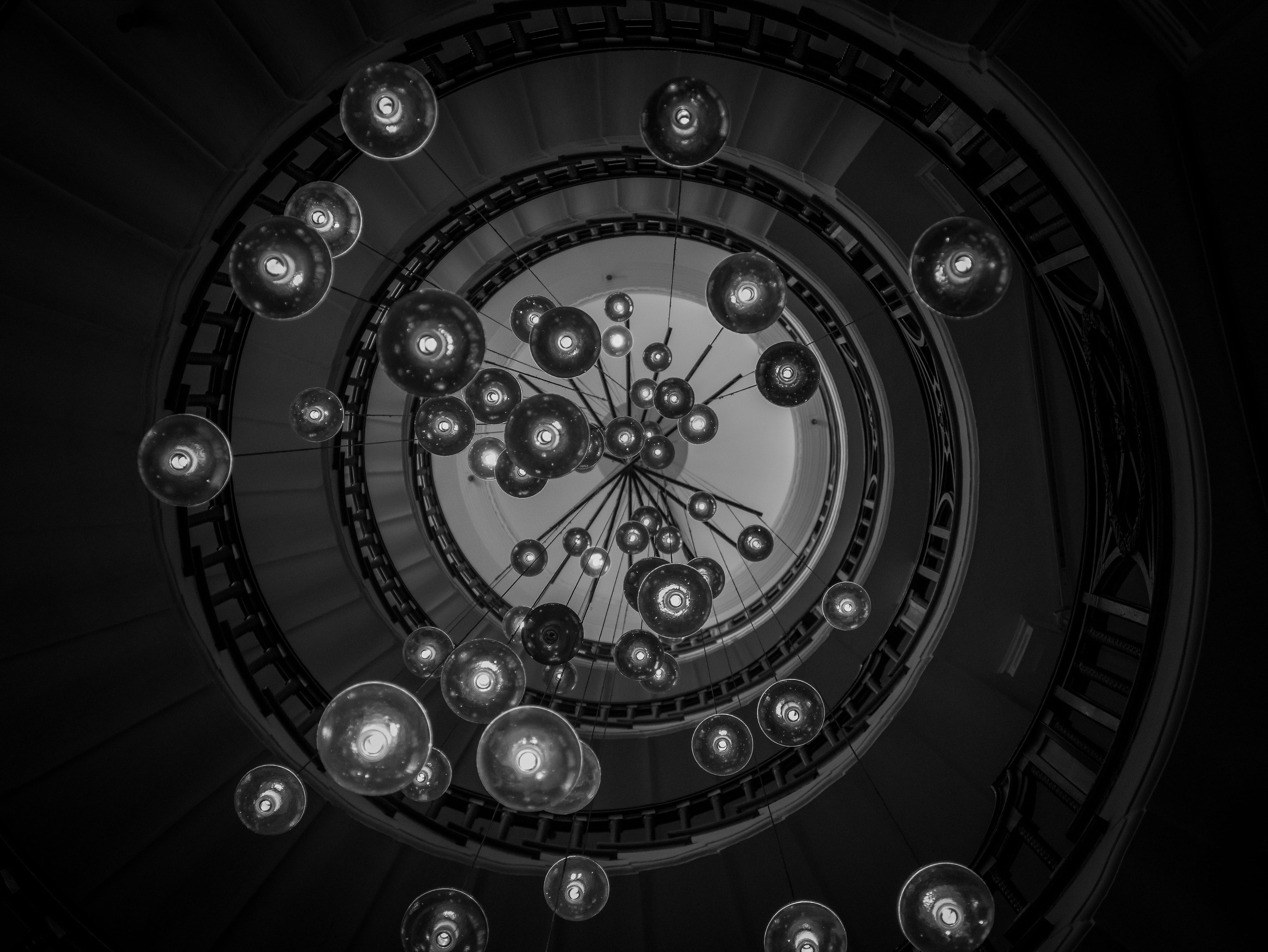 stair step, chandelier, light, down, structure, spiral staircase, düsseldorf, gloomy, pattern, antique, architecture, emergence, low angle view, lighting equipment, HD Wallpaper