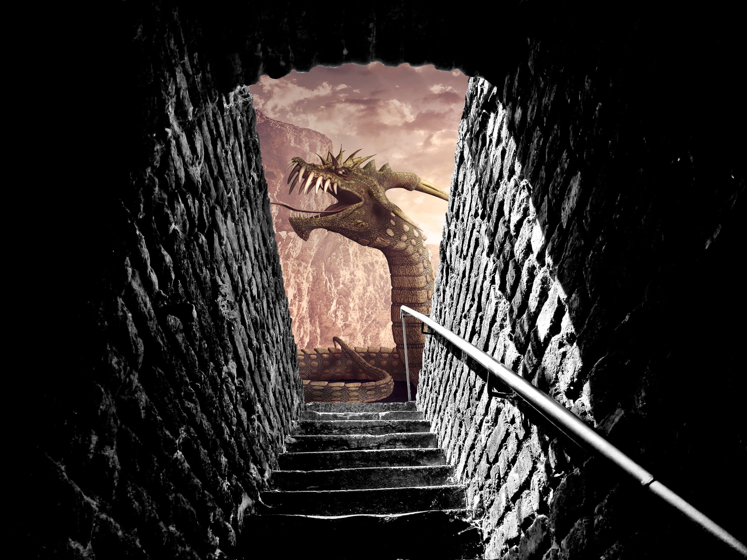 snake, sunlight, fantasy, treppengeländer, steps and staircases, dark, wall, built structure, gray, stone, direction, go up, the way forward, high angle view, HD Wallpaper