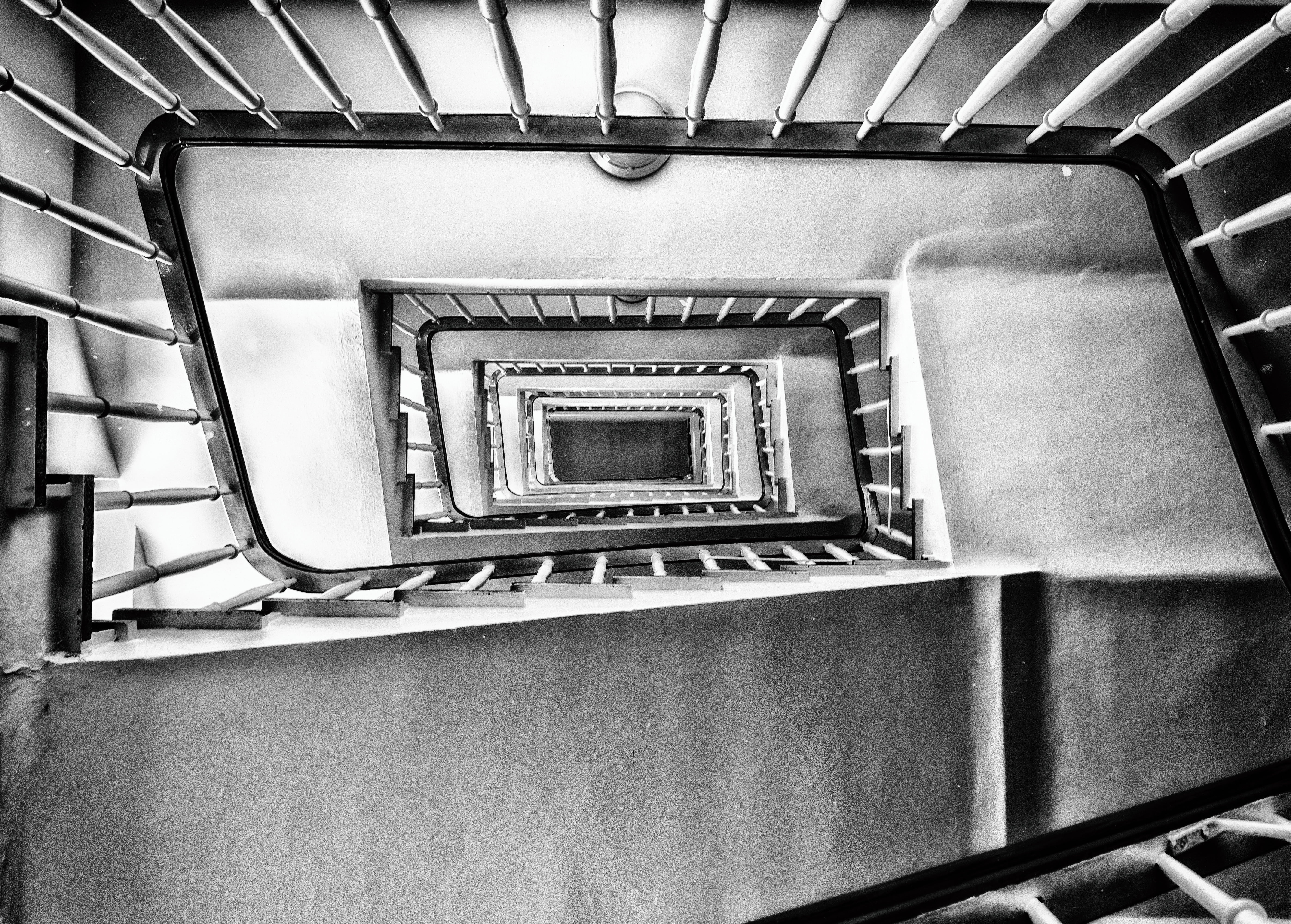 indoors, floor, stair step, stairs, diminishing perspective, wood railings, staircase, design, architecture, steps and staircases, ceiling, grayscale, low angle view, HD Wallpaper