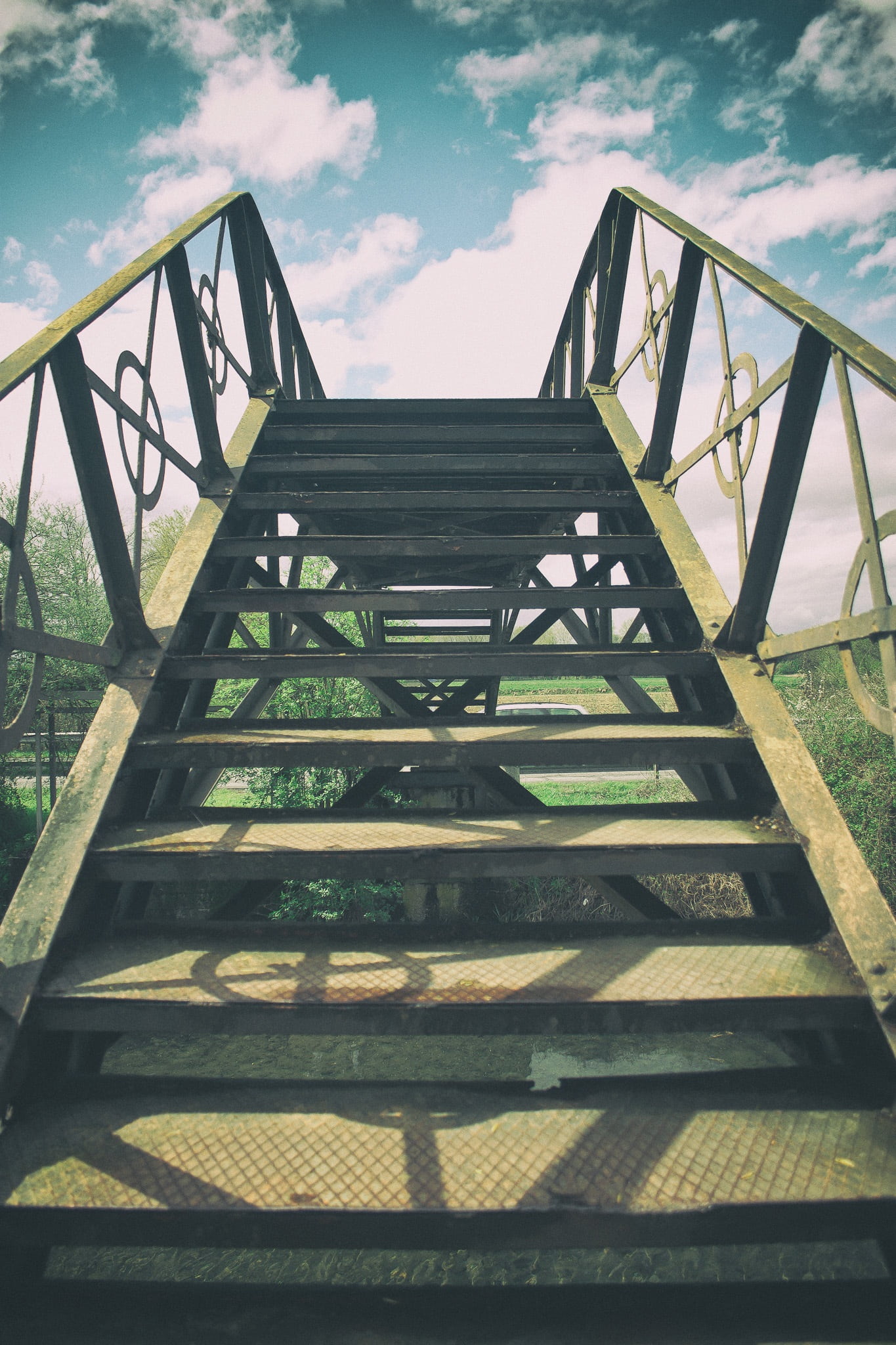 1080P, metal, stairs, emergence, nature, steps and staircases, web, staircase, absence, built structure, railing, gradually, bridge, sunlight, steps, bridge - man made structure, Phone HD Wallpaper