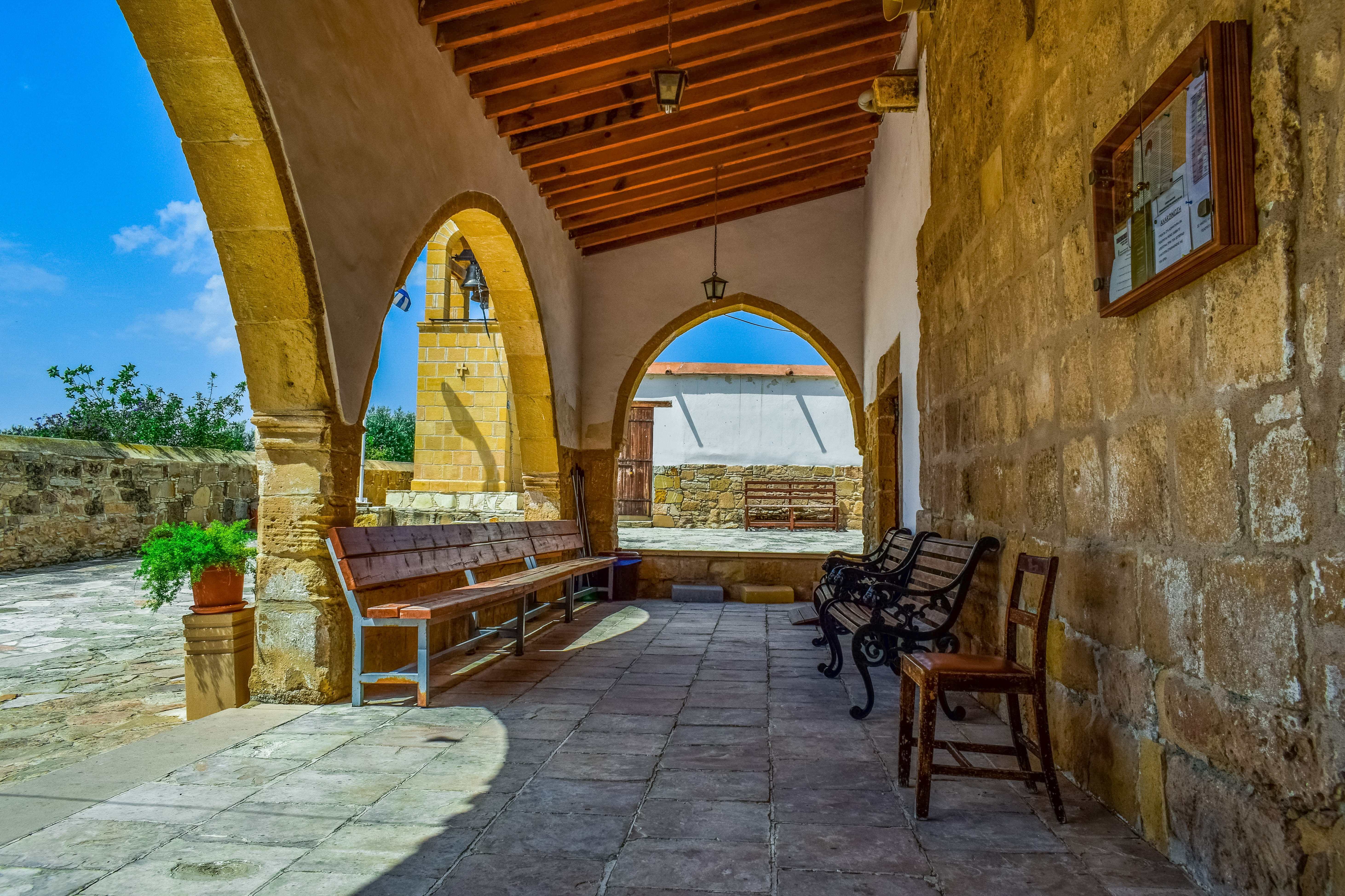 absence, travel, bench, wall, chair, empty, building, christianity, religion, arch, no people, kelia, building exterior, outdoors, window, nature, cyprus, HD Wallpaper