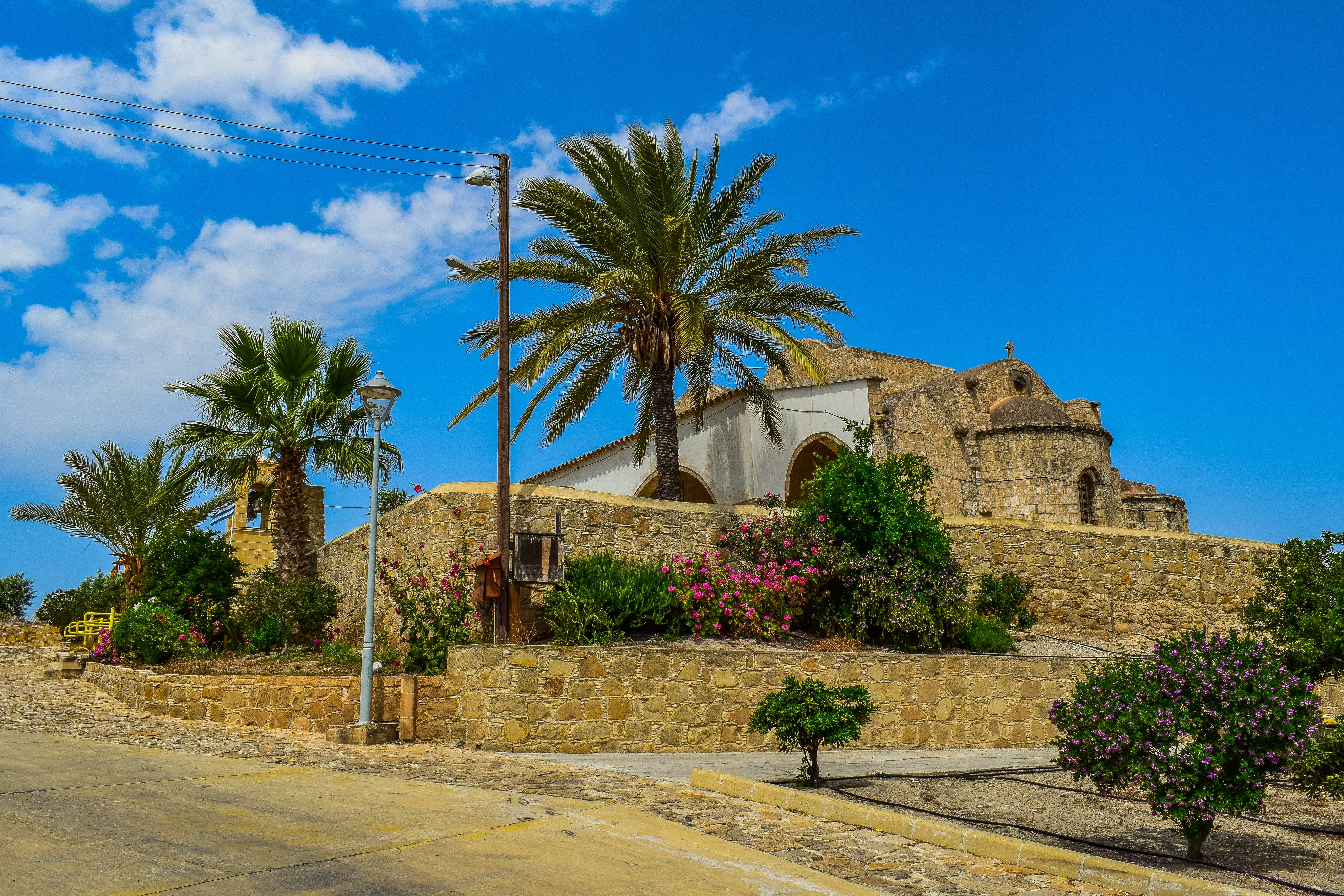 built structure, cyprus, near, sky, the past, outdoors, history, religion, growth, no people, tree, orthodox, blue, travel, ayios antonios, sunlight, 5K, HD Wallpaper