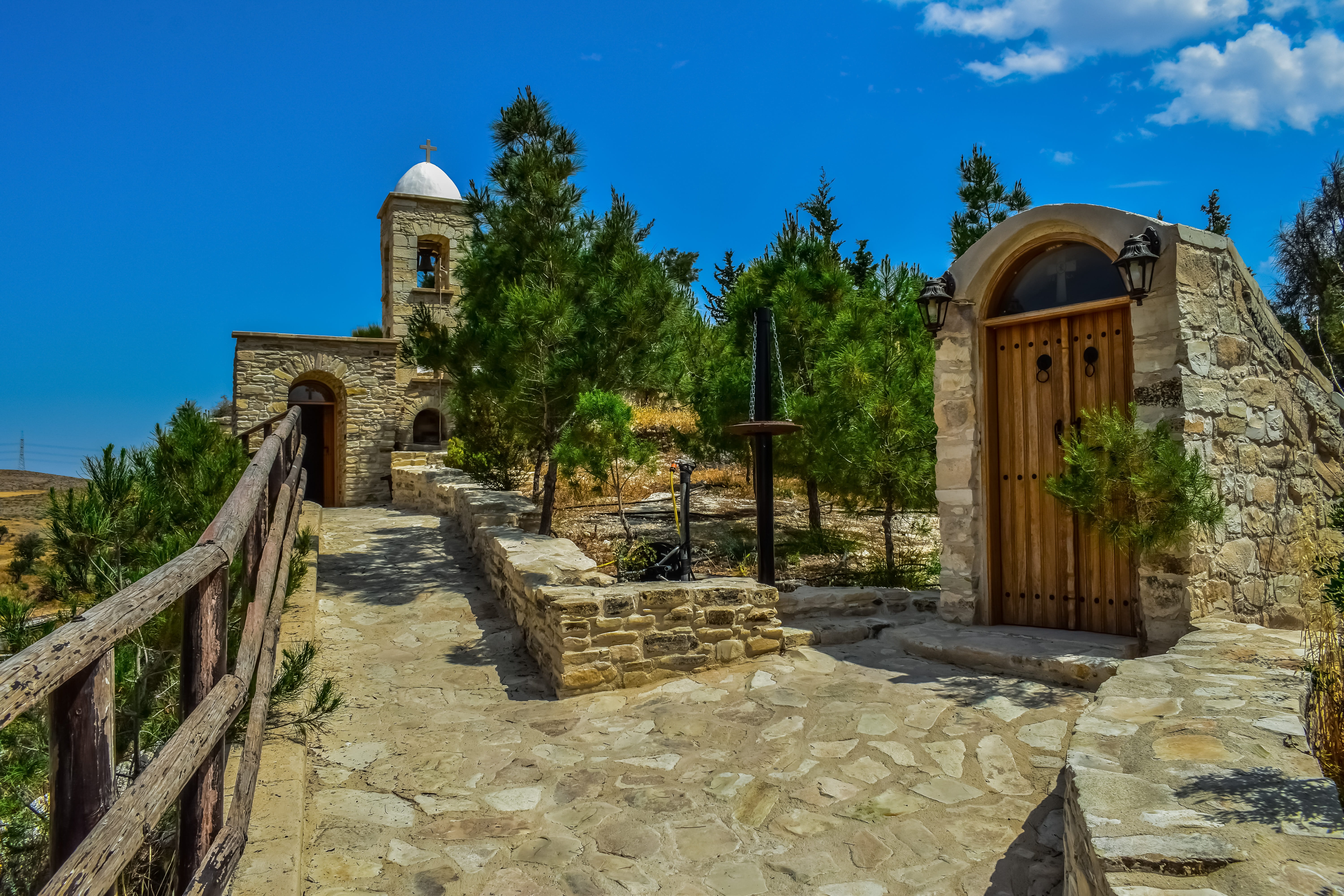 christianity, stone wall, day, tree, outdoors, entrance, spirituality, 5K, staircase, stone, building, no people, tourism, place of worship, kelia, sky, HD Wallpaper