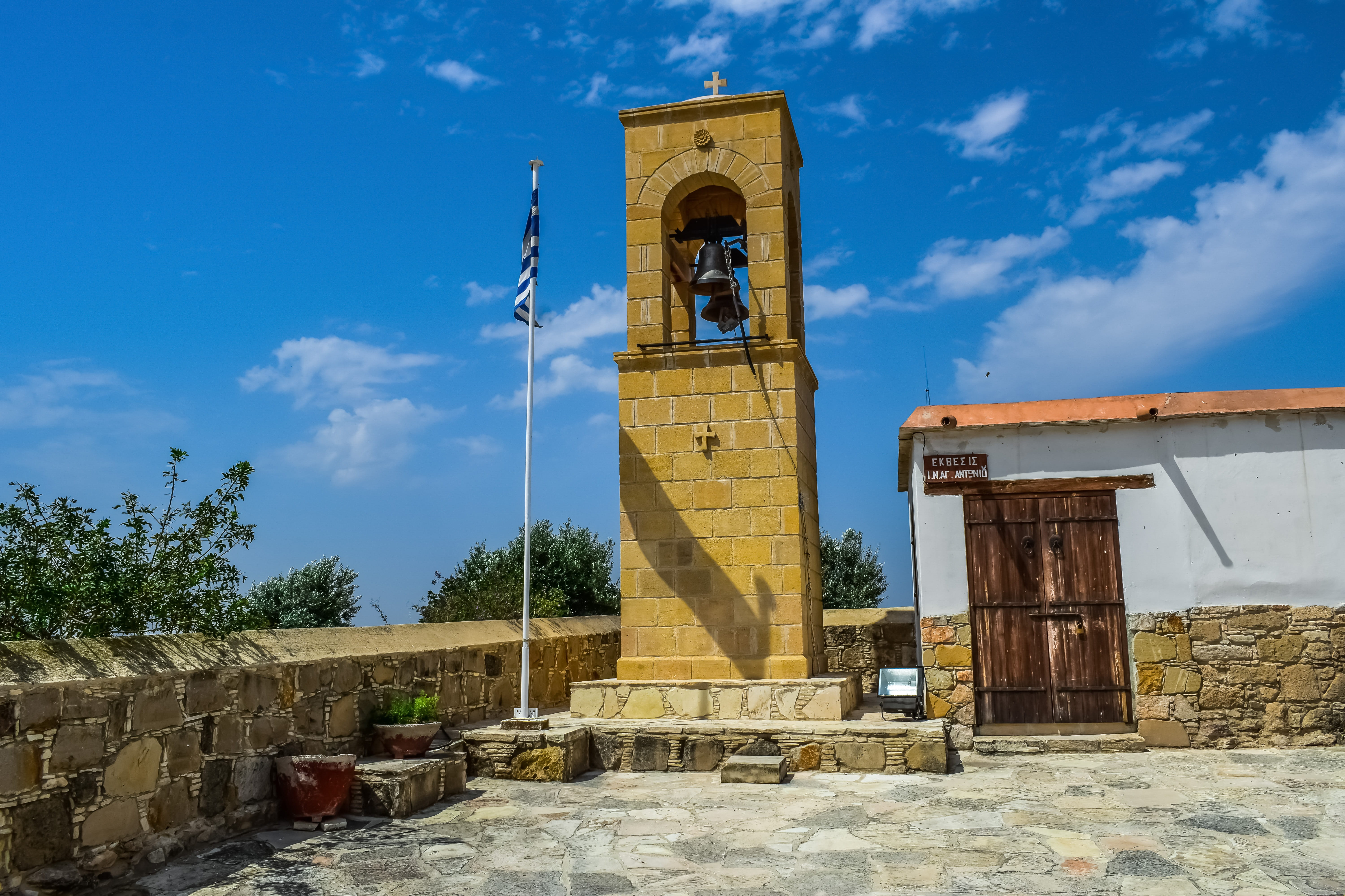 architecture, day, no people, sunlight, travel, outdoors, 5K, low angle view, bell tower - tower, blue, sky, kelia, ayios antonios, building exterior, HD Wallpaper