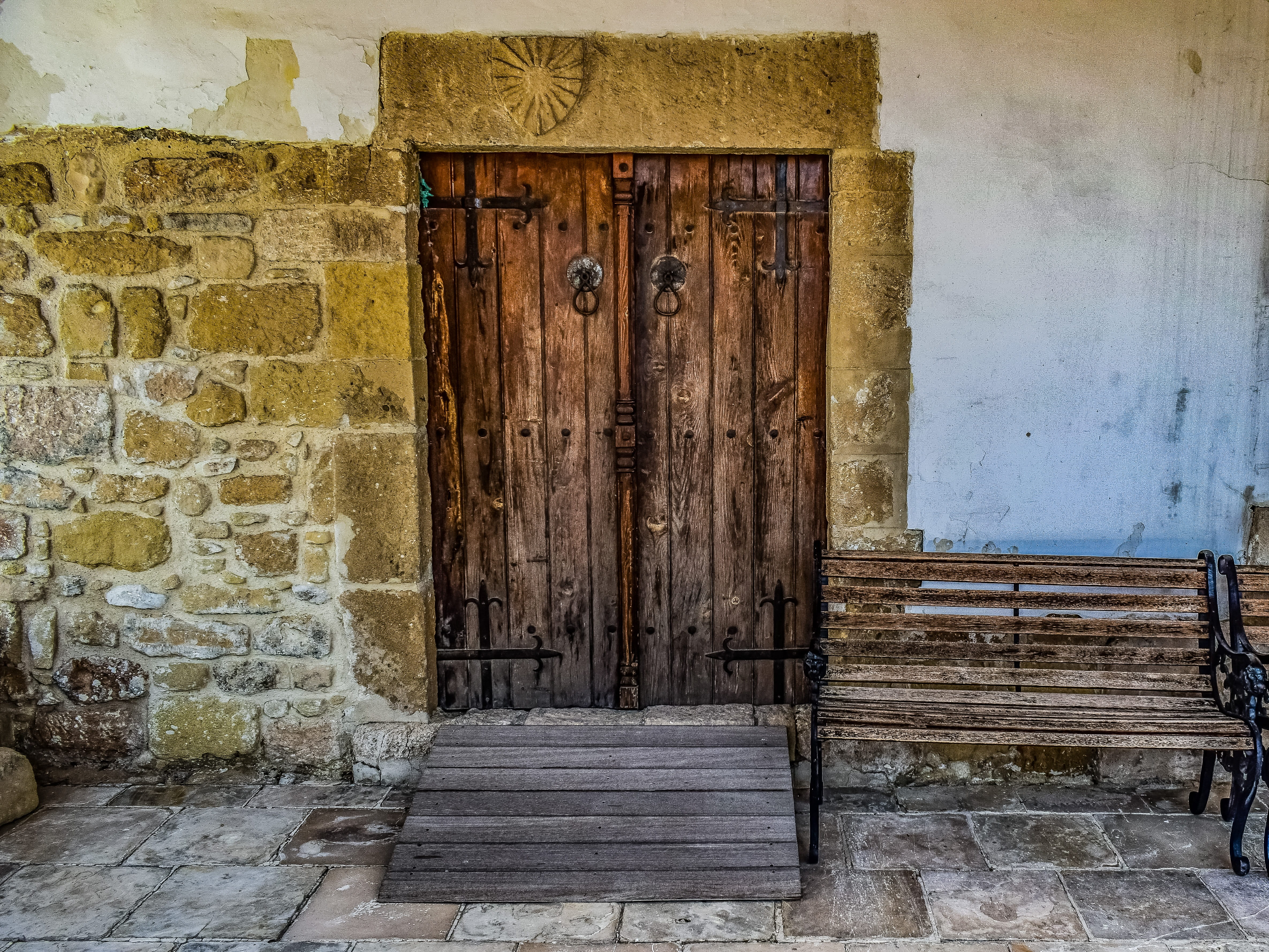 church, old, wall - building feature, ayios antonios, building, staircase, no people, exterior, bench, cyprus, outdoors, entrance, wood - material, door, HD Wallpaper