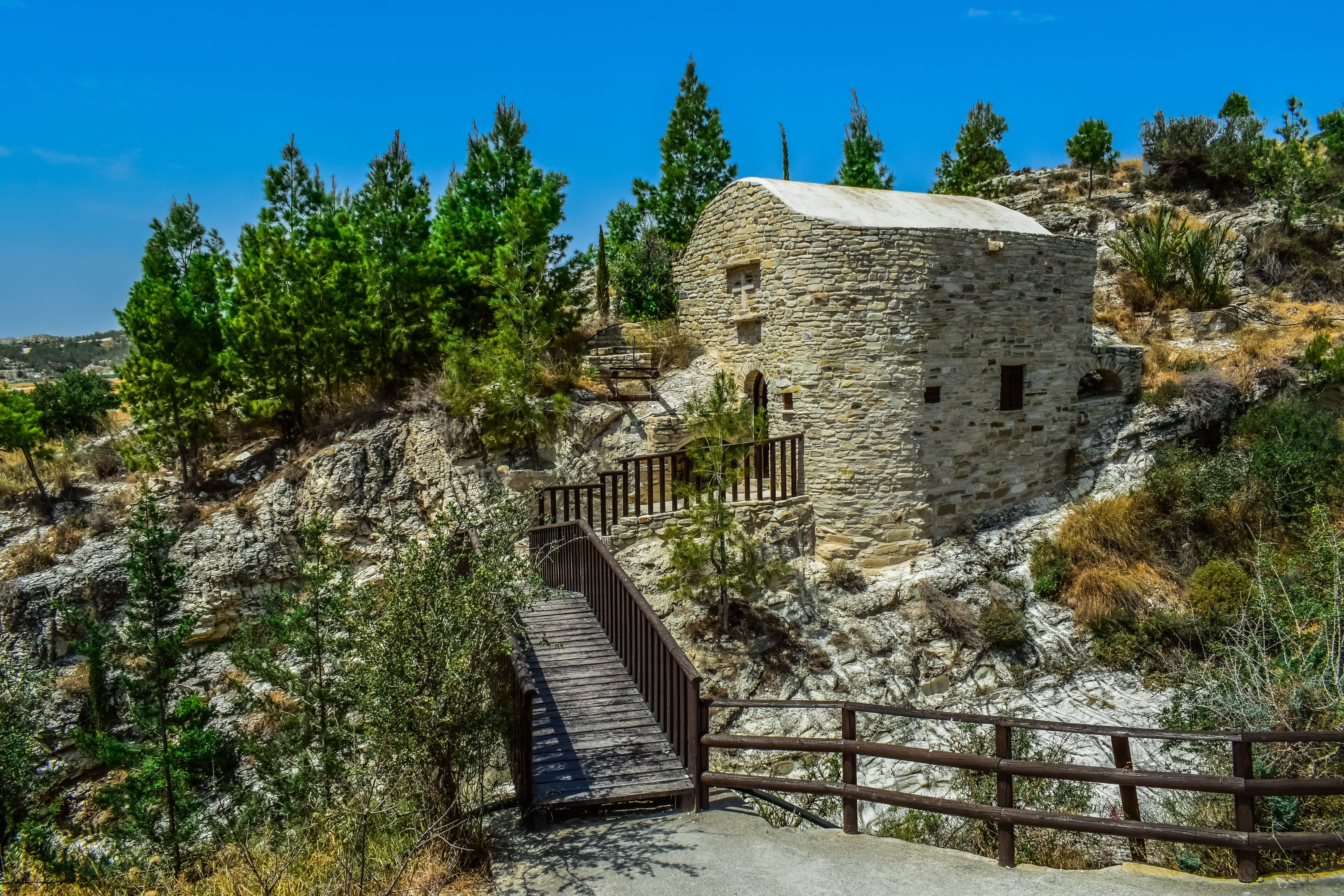blue, plant, railing, growth, bridge, stone, water, 5K, cyprus, building, sky, travel, tourism, sunlight, building exterior, architecture, built structure, HD Wallpaper