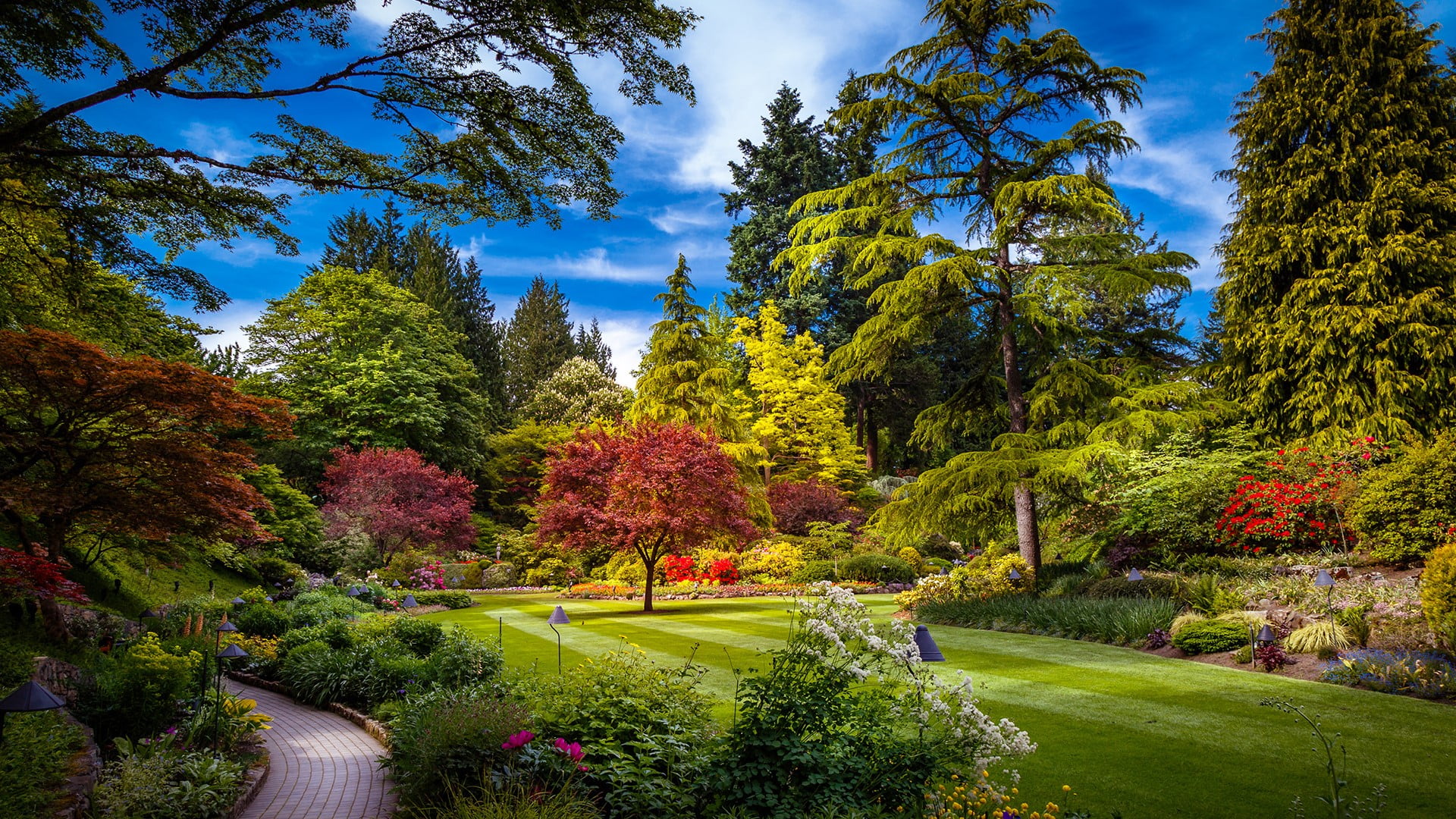 British Columbia, landscape, sky, walkway, grass, nature, 1080P, plants, The Butchart Gardens, flowers, trees, Canada, clouds, HD Wallpaper