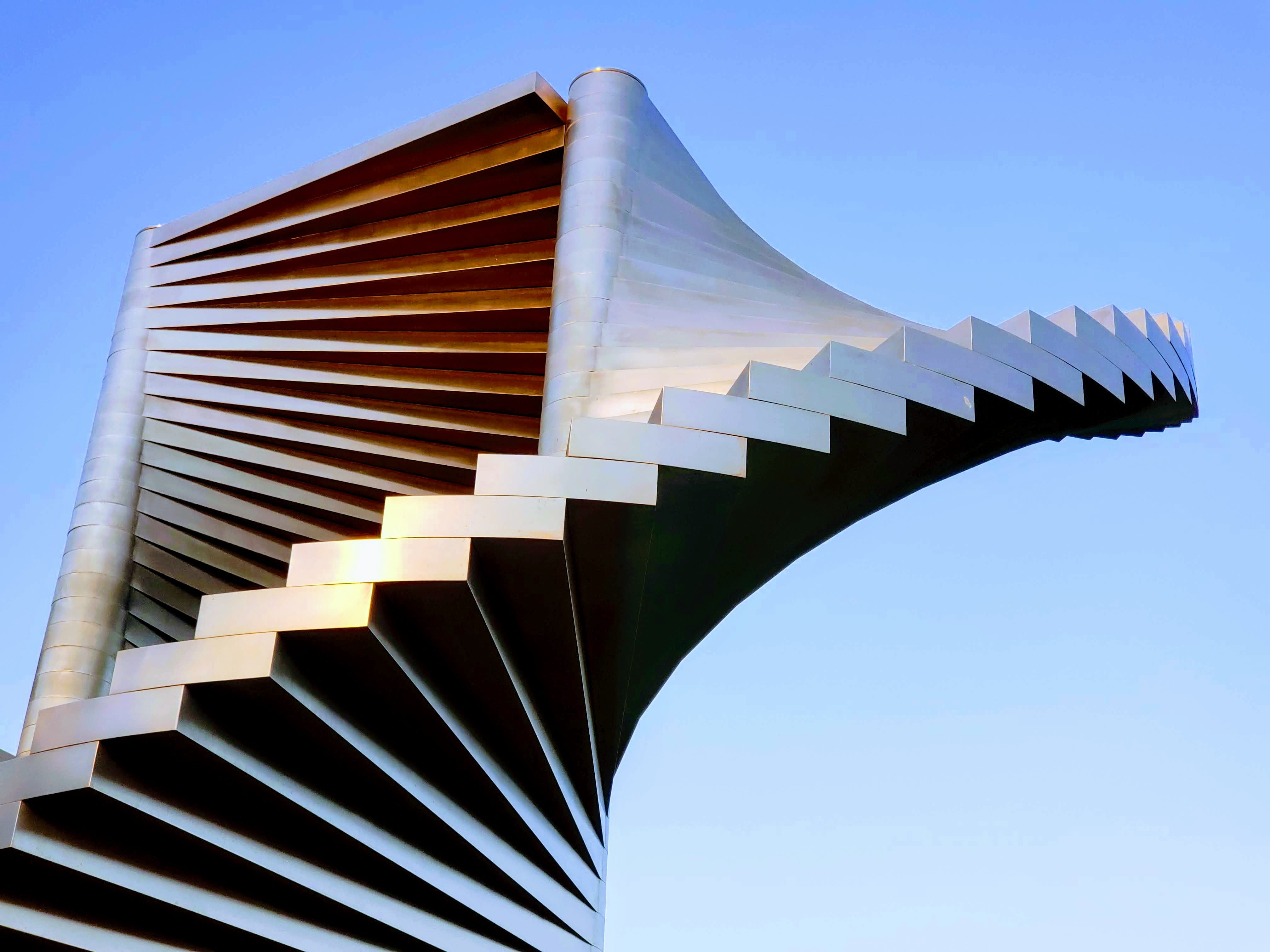 low angle view, shape, sunlight, built structure, sky, clear sky, creativity, outdoors, 4K, architecture, no people, pattern, metal, spiral, blue, design, HD Wallpaper