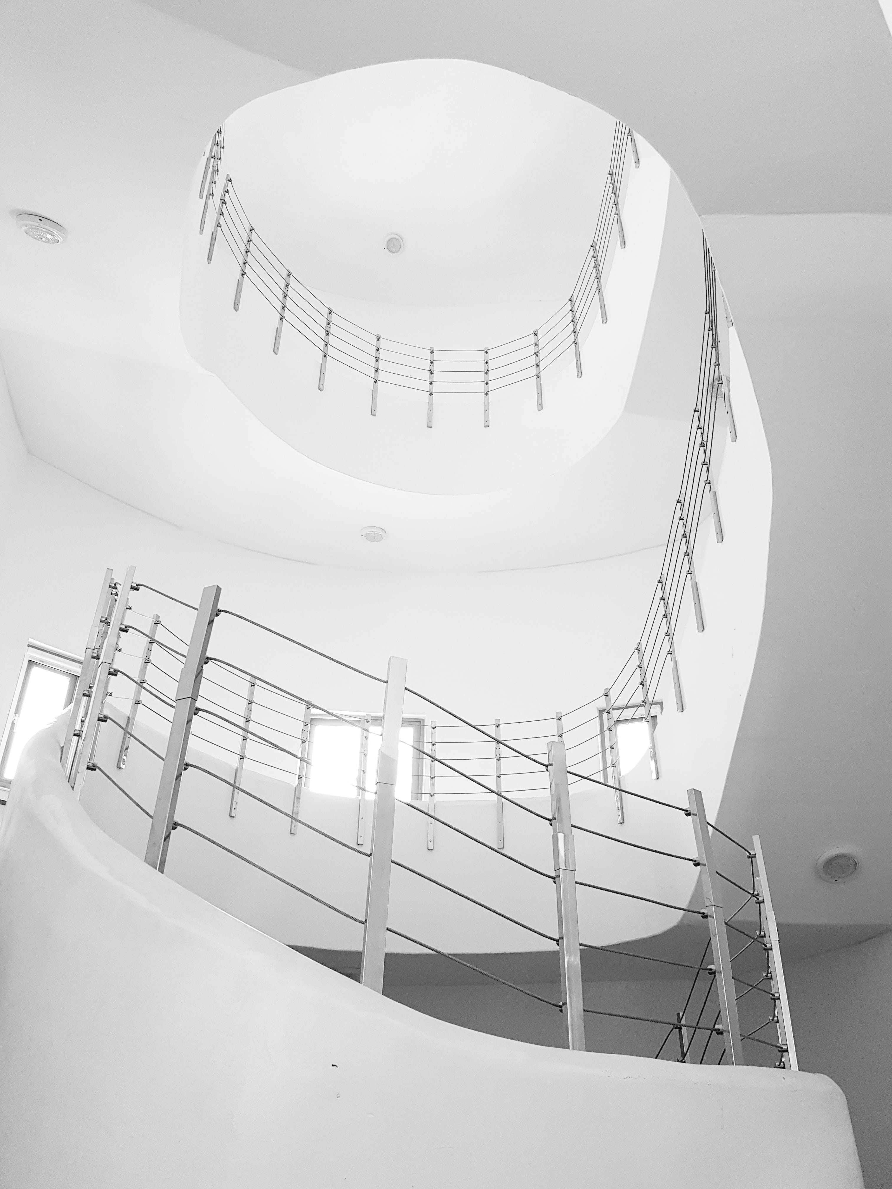 railing, building, wall - building feature, white color, katok life, low angle view, 4K, spiral stairs, architecture, ceiling, modern, steps and staircases, Phone HD Wallpaper