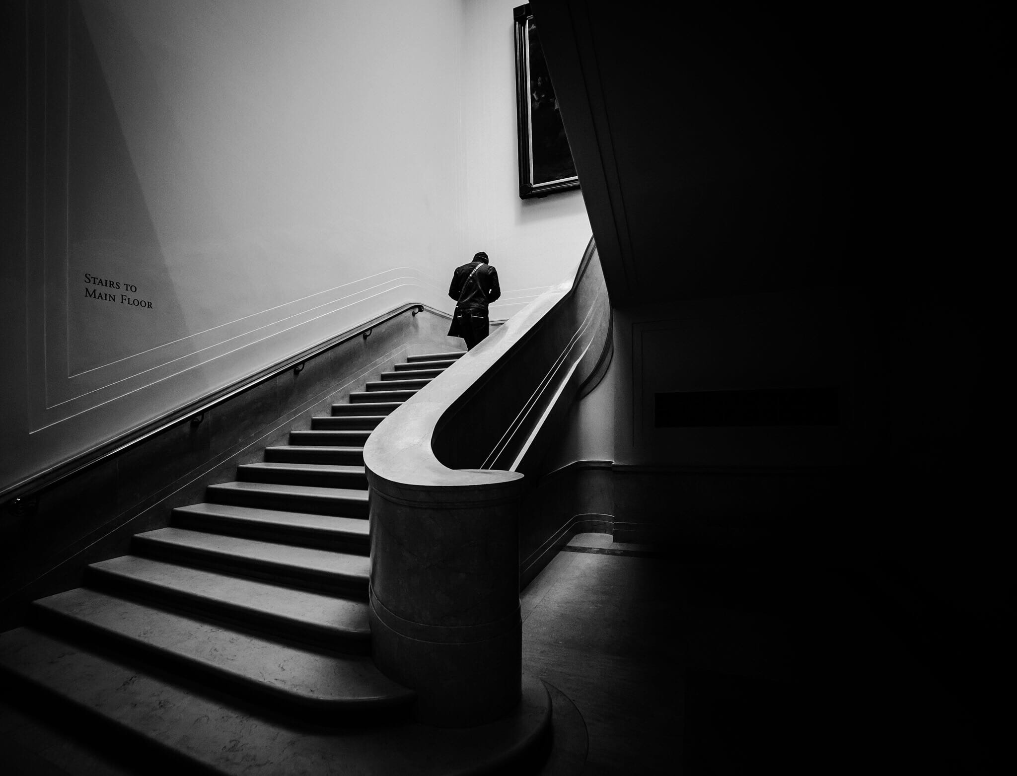 one person, architecture, rear view, united states, railing, dark, direction, washington, full length, 1080P, stairs, adult, steps and staircases, travel, HD Wallpaper