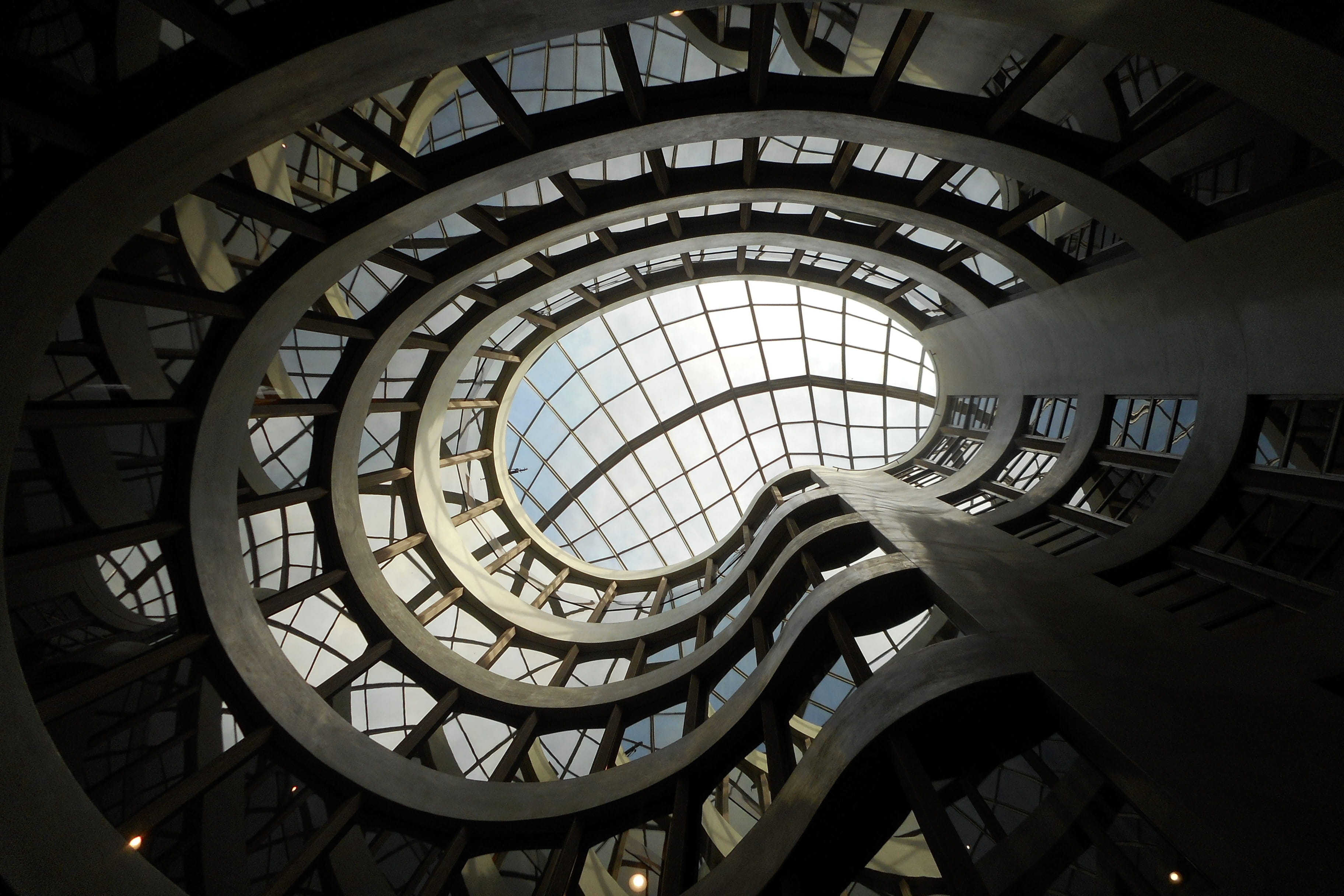 sunlight, architecture and art, spiral staircase, directly below, 2K, staircase, circle, steel, architectural feature, modern, stunning, history, architecture And Buildings, HD Wallpaper