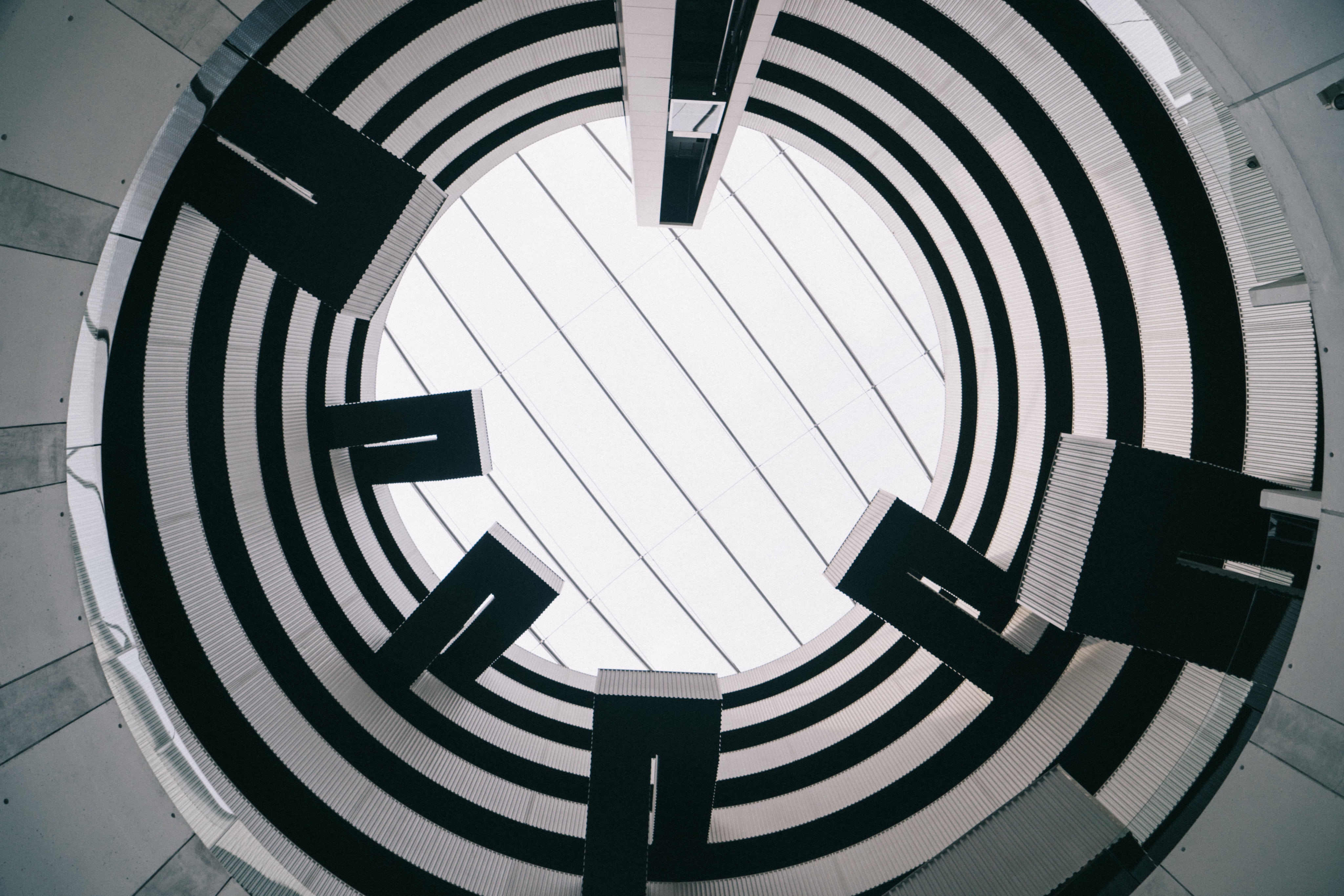 ceiling, bottom, black and white, design, structure, textile, steps and staircases, circle, white, geometric shape, built structure, indoors, no people, HD Wallpaper