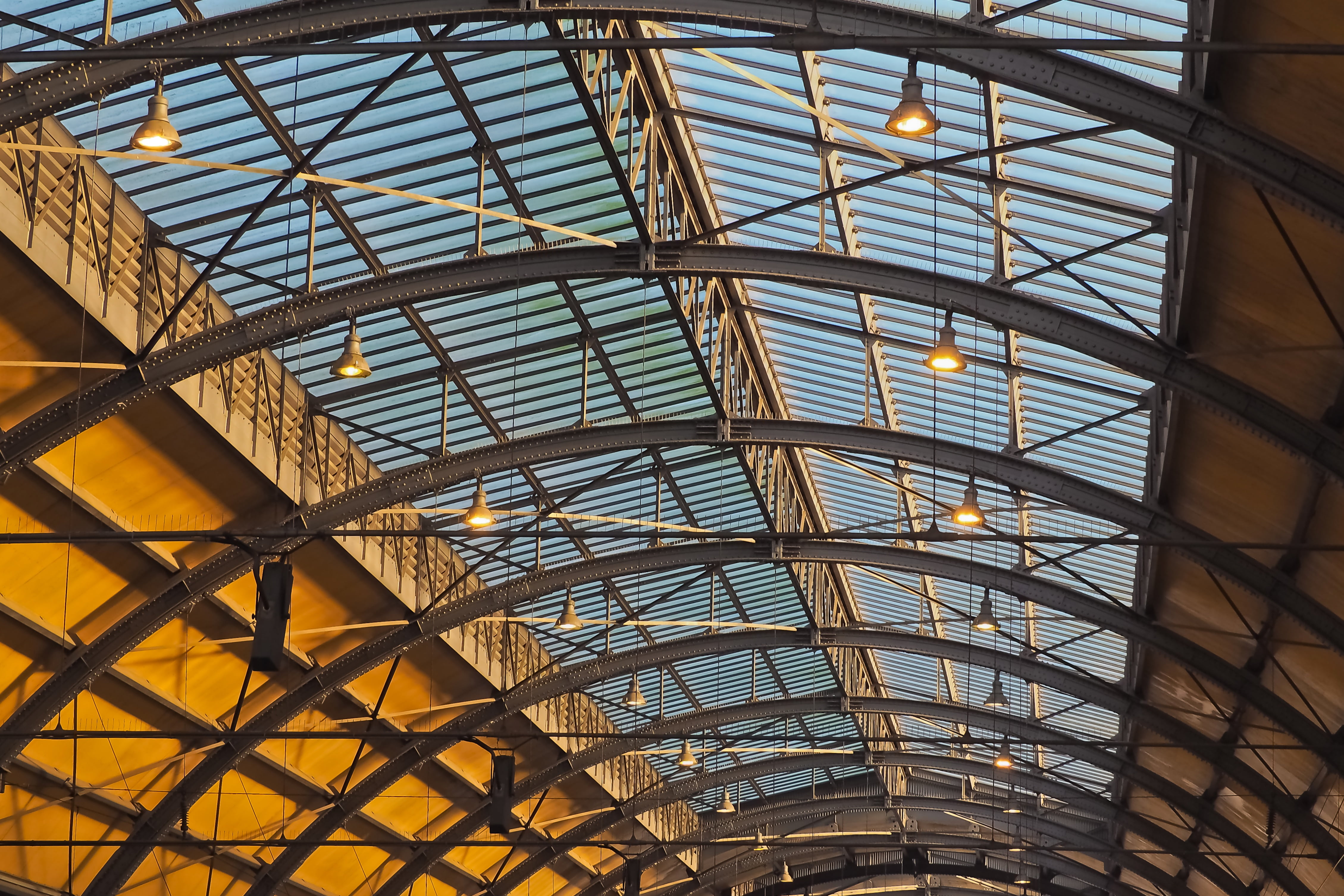 hall, low angle view, interior, skylight, day, indoors, low, architecture and art, architecture, stainless, steel, clock, photo, transparent, industry, HD Wallpaper