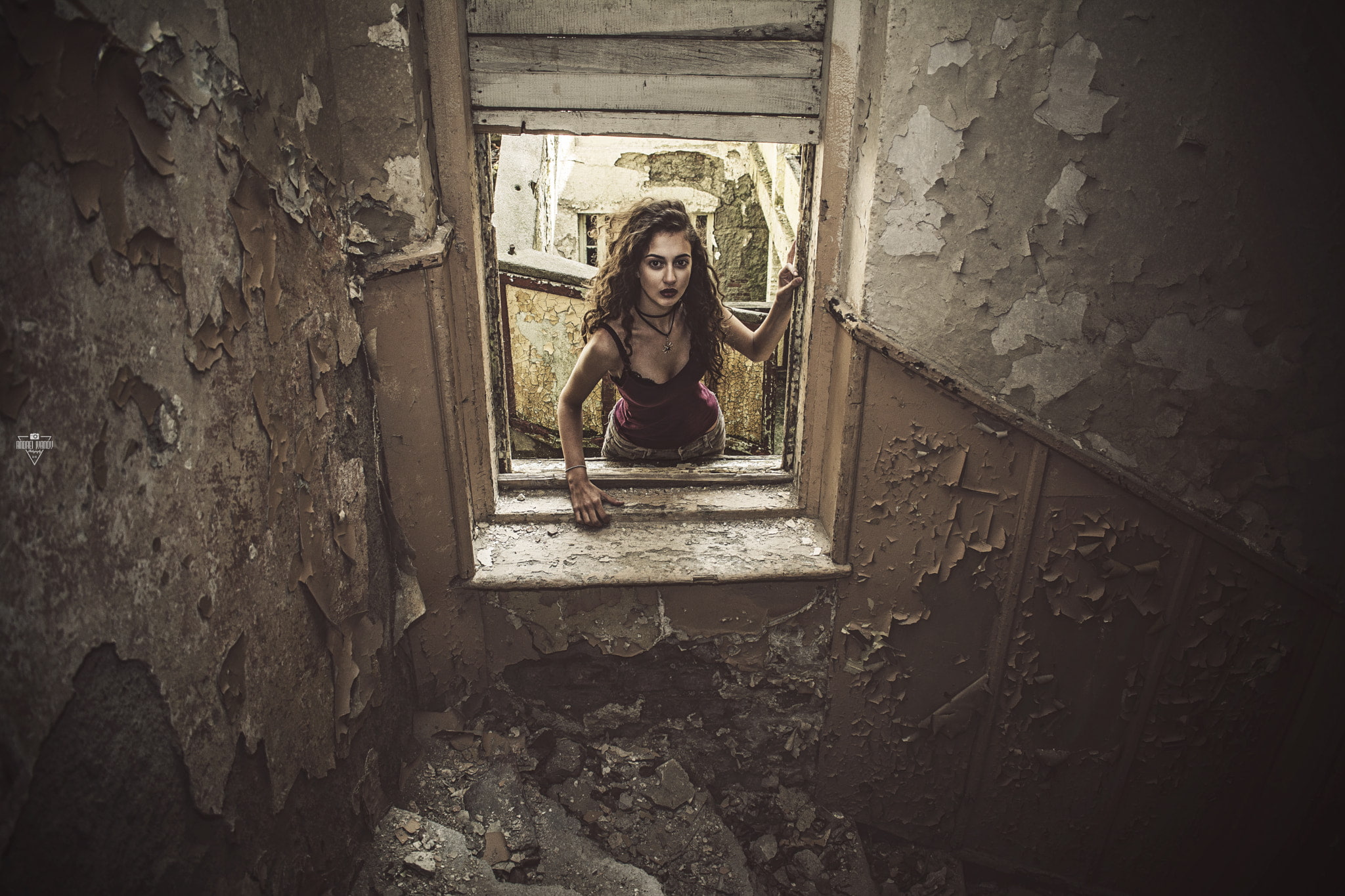 built structure, 1080P, ruin, looking at camera, deterioration, casual clothing, portrait, abandoned, front view, real people, stone wall, staircase, leisure activity, HD Wallpaper