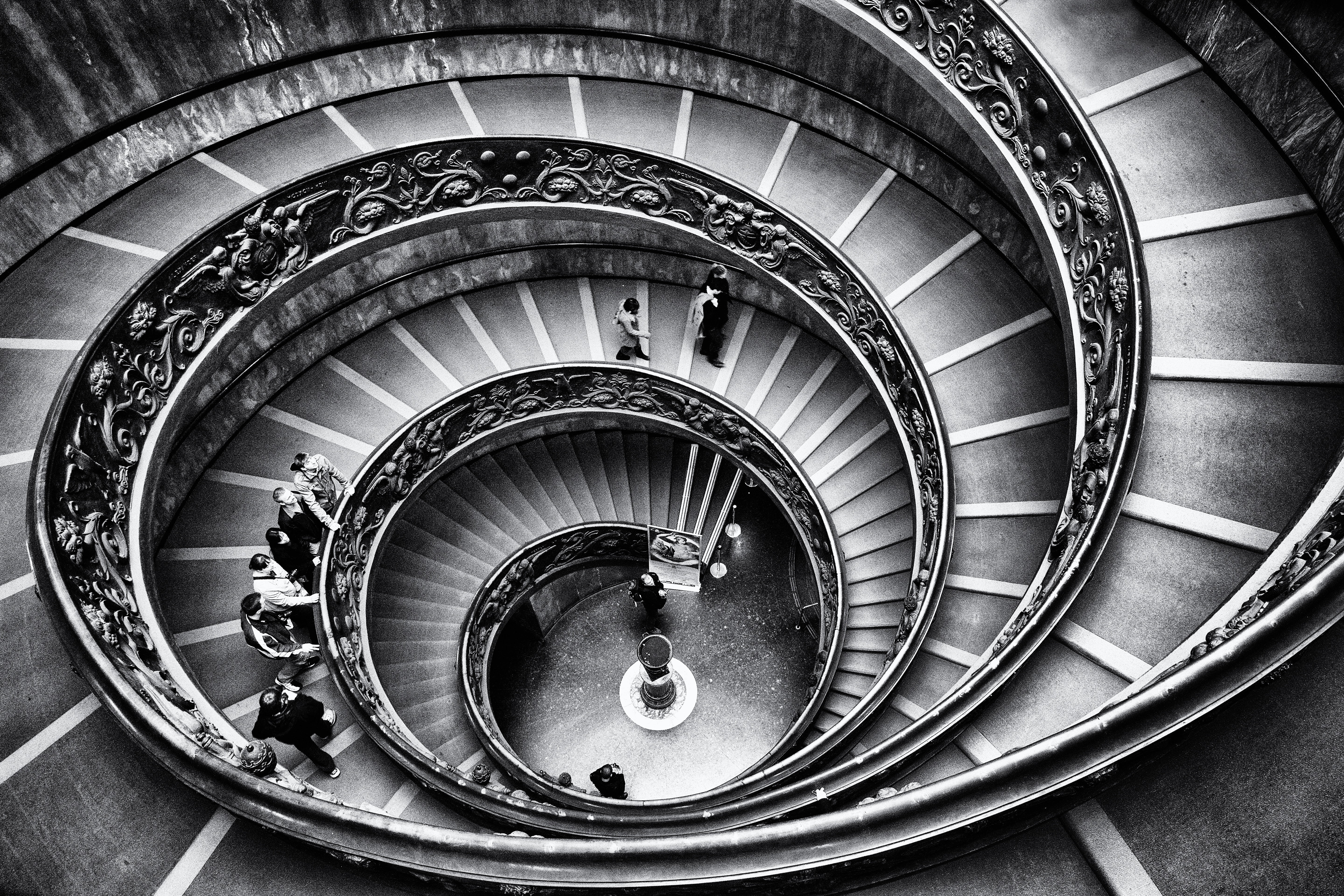 steps and staircases, built structure, railing, black and white, day, architecture, women, pattern, directly above, one person, people, indoors, geometry, HD Wallpaper