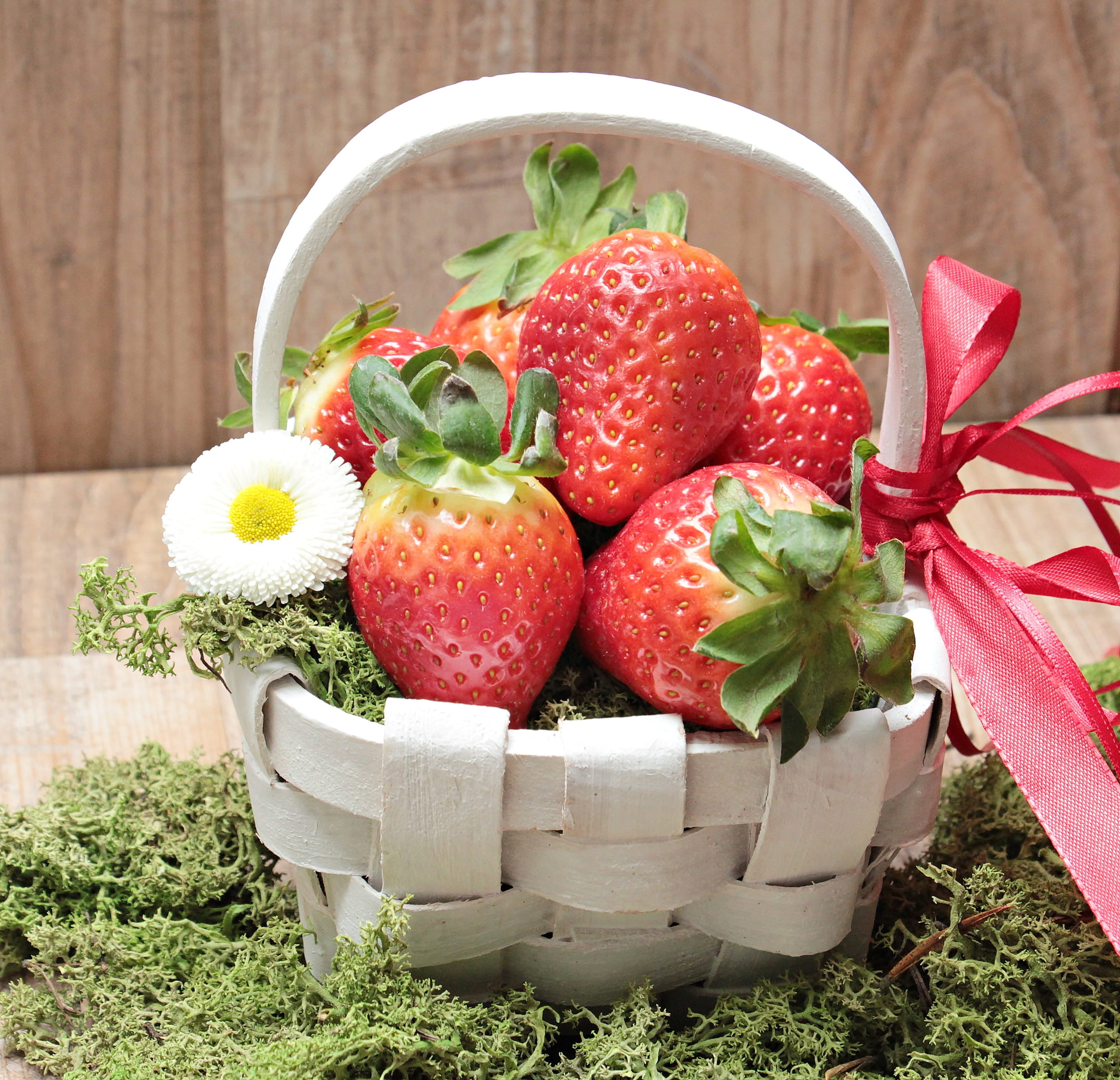 greeting card, freshness, bloom, spring, red, bless you, studio shot, nature, no people, red ribbons, basket, moss, berry fruit, green, organic, strawberry, HD Wallpaper