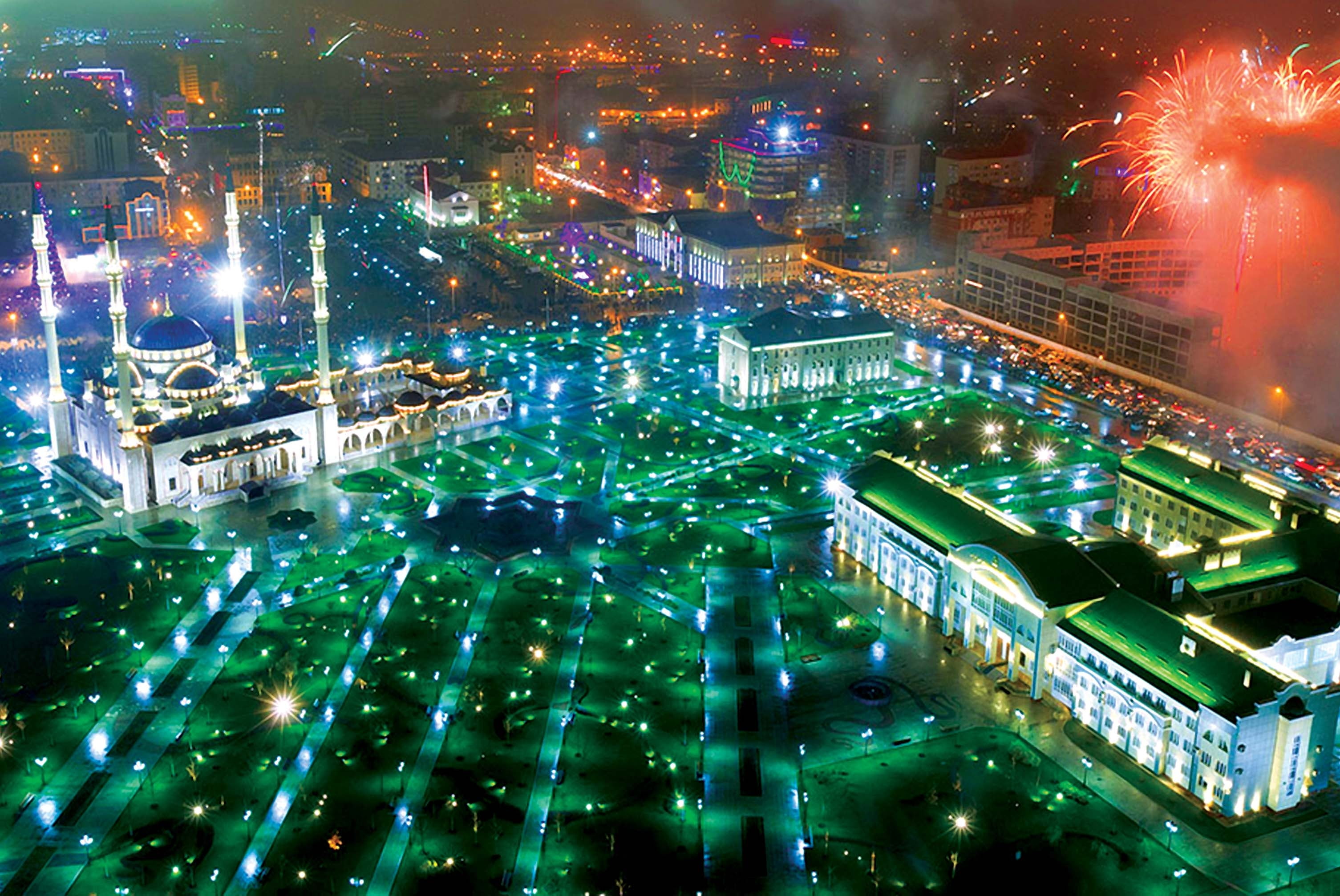 city street, mosque, asia, urban Skyline, building Exterior, fireworks, city, technology, road, famous Place, nightlife, grozny, city life, tower, aerial view, HD Wallpaper