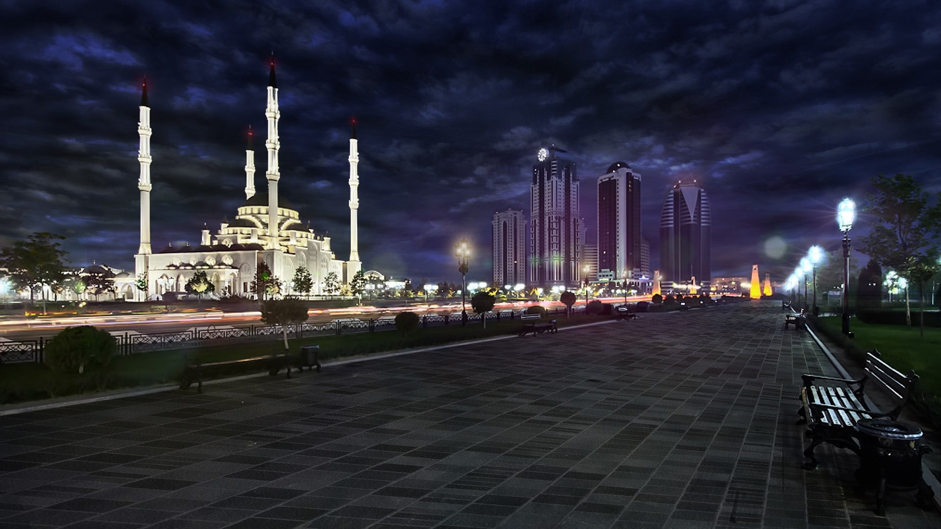 architecture, nature, travel, Night, Chechnya, Mosque, religion, 1080P, building, sky, belief, city, tower, Bench, Park, spire, tall - high, building exterior, HD Wallpaper