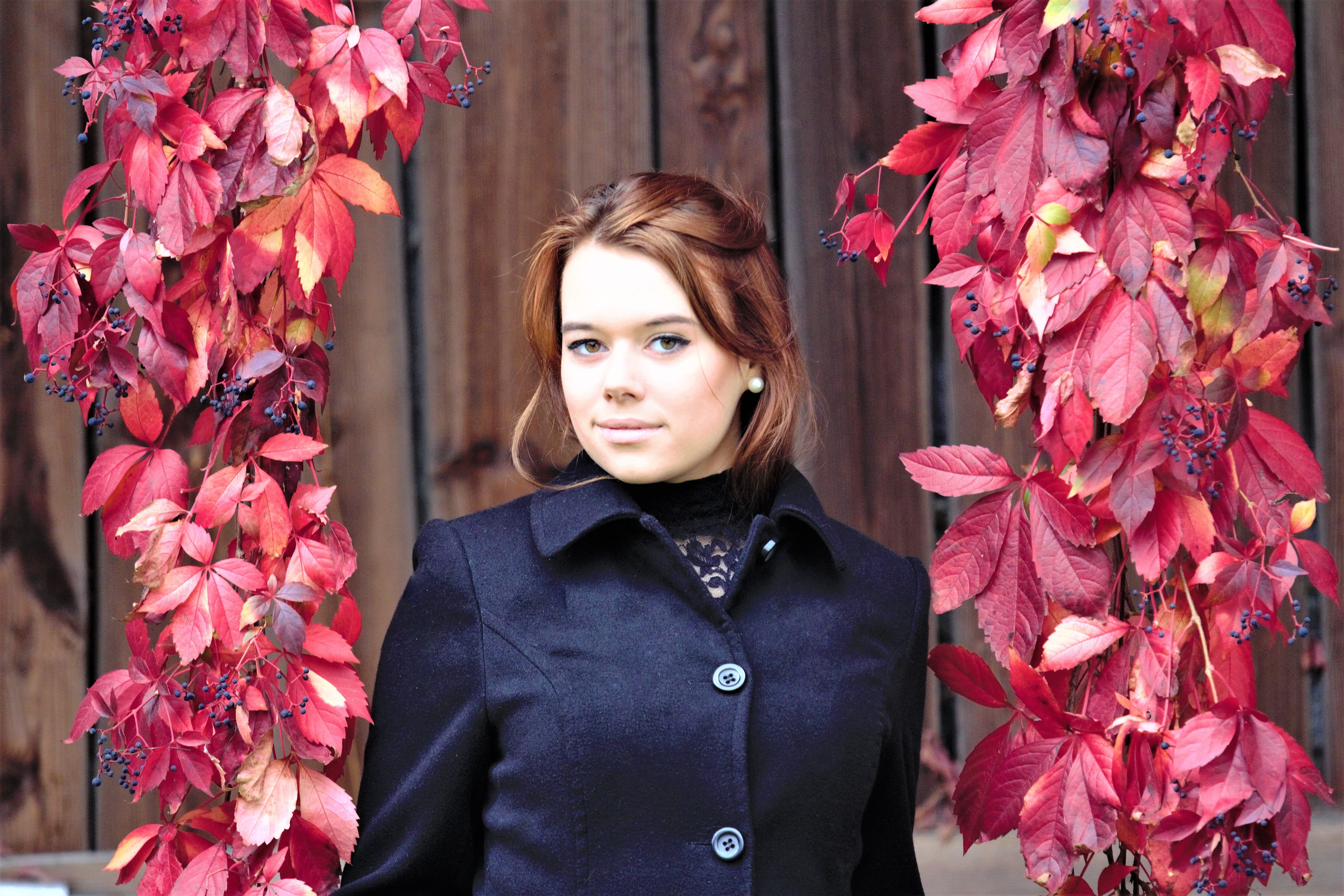 front view, pretty, girl, autumn, feminine, plant part, fashion, leaf, outdoors, button, young, beauty in nature, pink color, hair, adult, black, red, scarf, HD Wallpaper