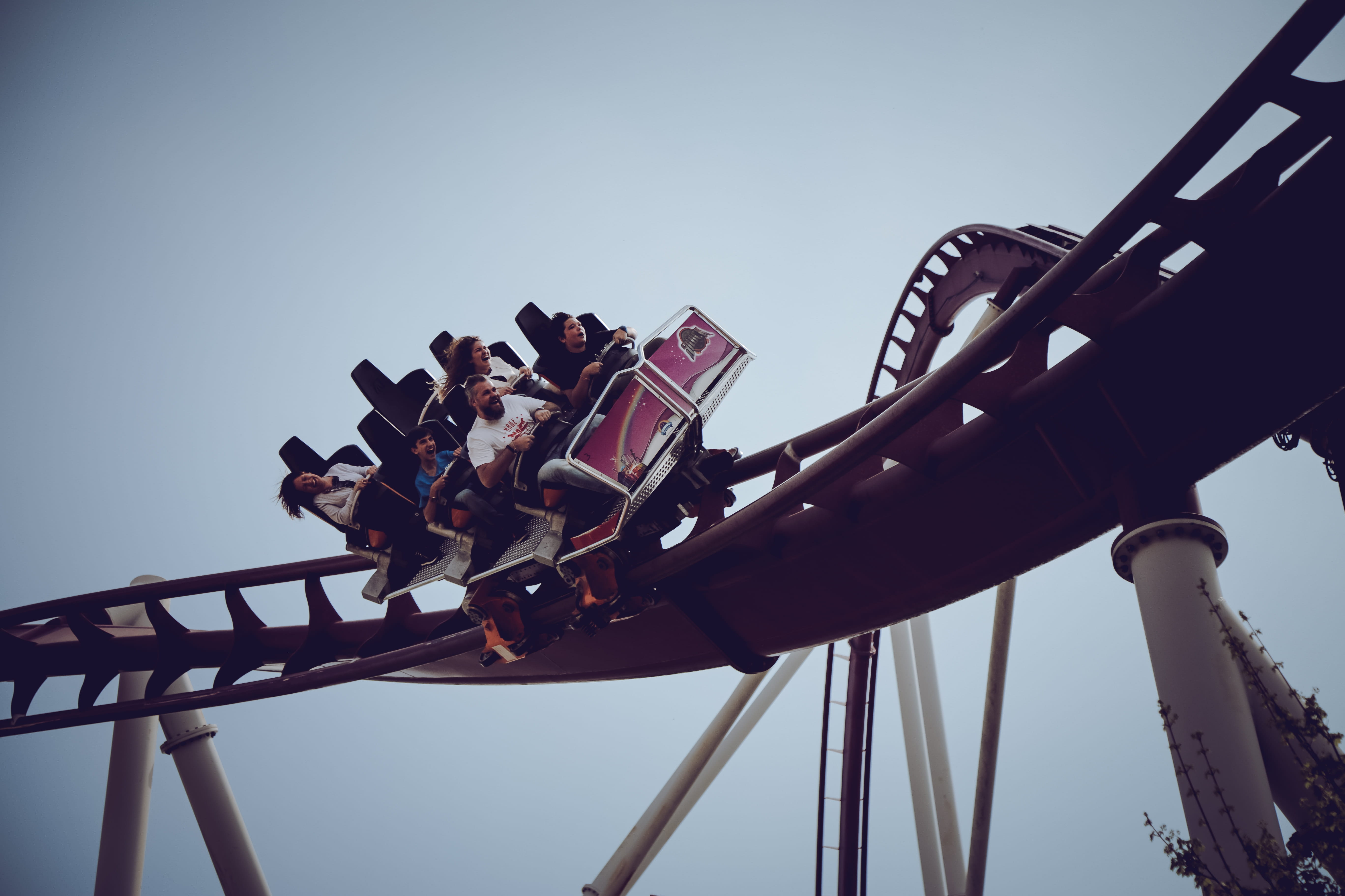 daytime, entertainment, amusement park, real people, leisure activity, fun, nature, metal, 5K, clear sky, women, roller coaster, sky, day, excitement, HD Wallpaper